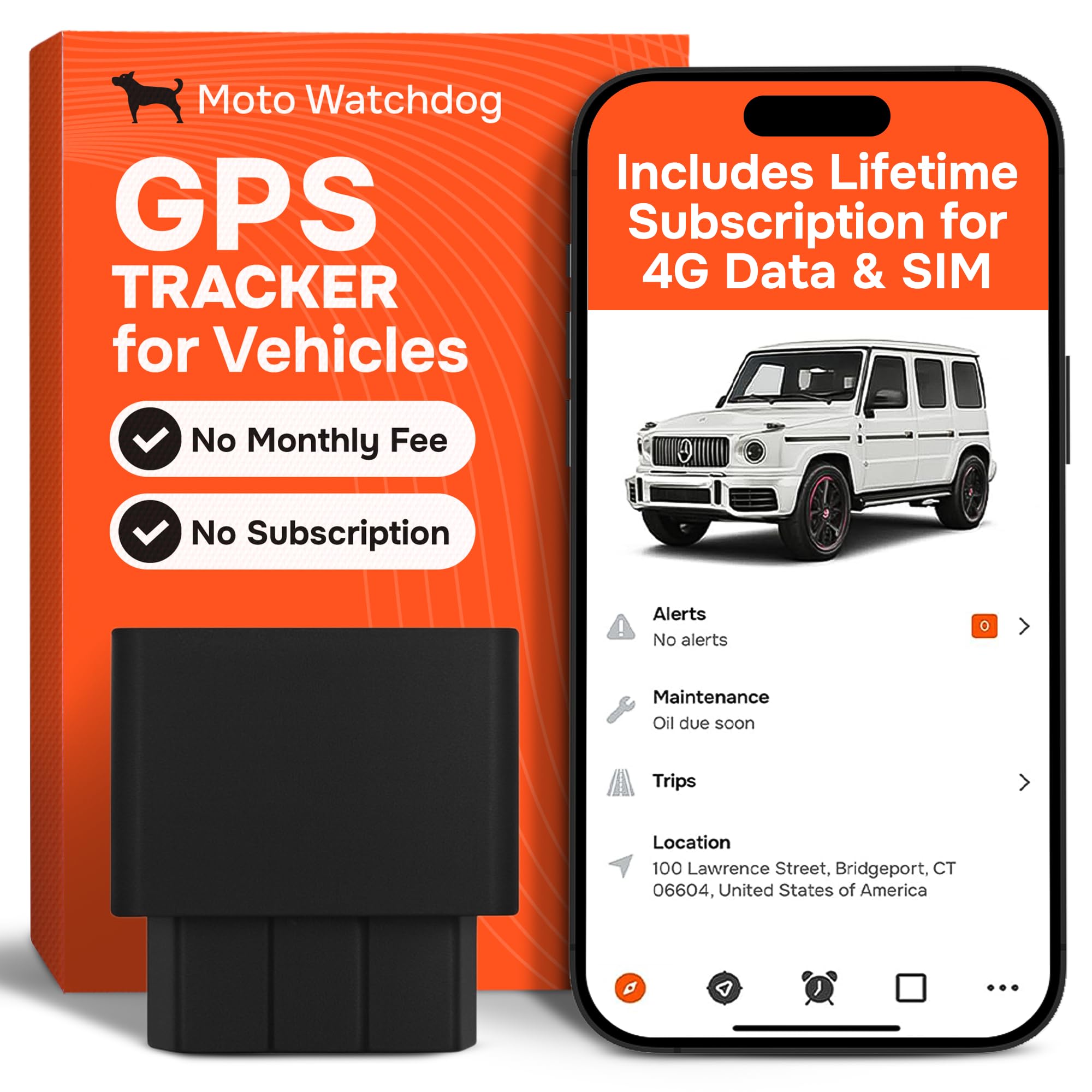 GPS Tracker for Vehicles, No Subscription with Real-Time Location, Mileage Tracking, Speeding Monitoring, Route History, Geofence, OBD, for Fleets & Families, USA, Moto Watchdog