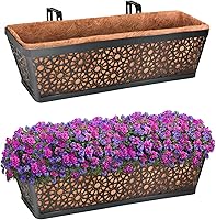 Halatool 24 Inch Metal Window Box Planters with Coco Coir Liners, 2 Pack - Rust-Resistant Railing Flower Boxes for Deck Fence Balcony Patio