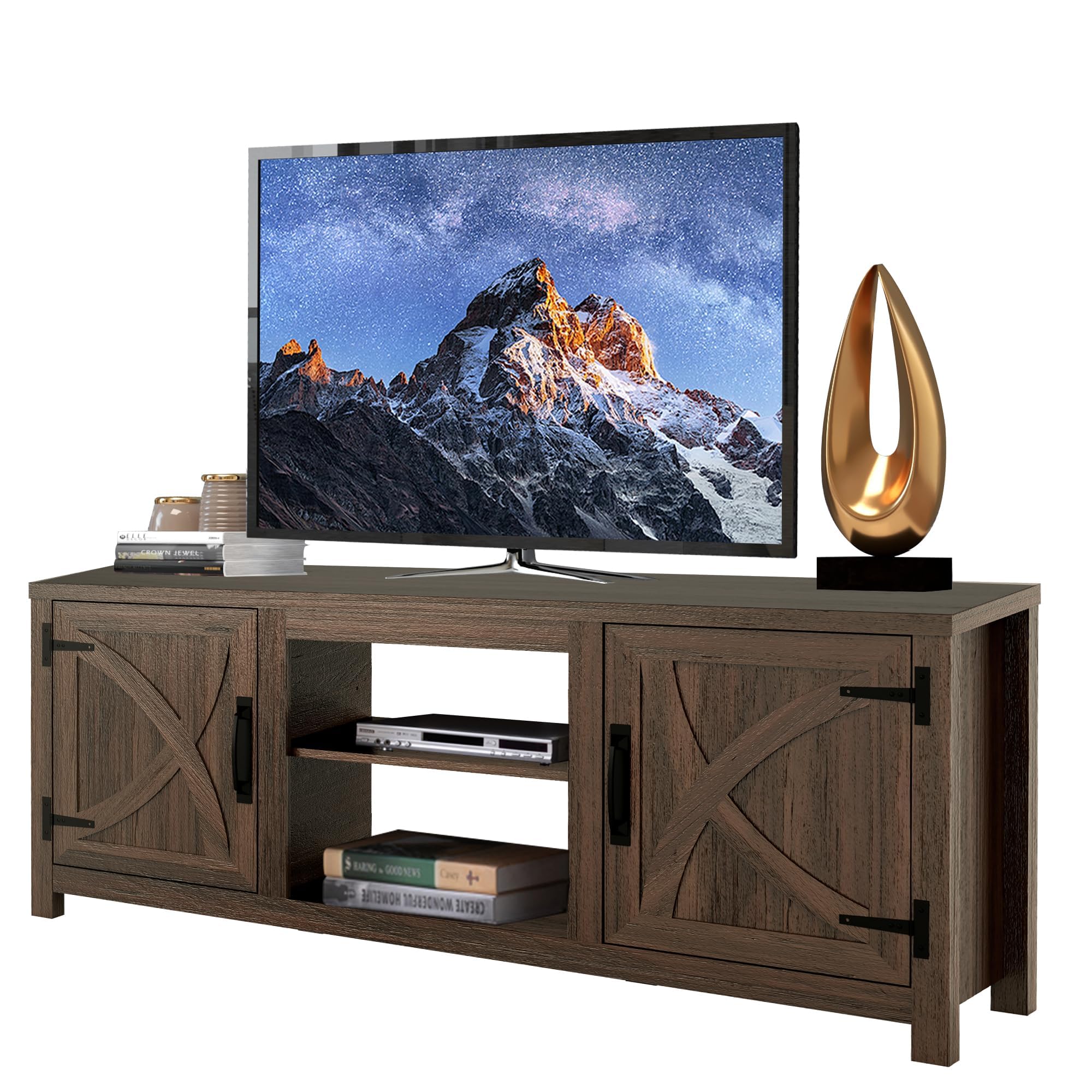 Parrot Uncle 58 Zoll TV-Ständer für Fernseher bis 65 Zoll, Media-Entertainment-Center mit Aufbewahrungsschränken, Braun moderner TV-Schrank für Wohnzimmer