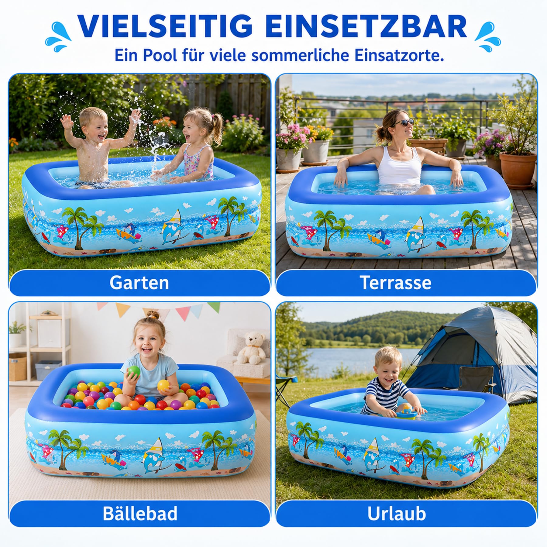Planschbecken für Kinder,Kinderpool,Planschbecken Eckig,Planschbecken Deep Dive 105 x 75 x 30 cm,Pool für Sommer Strand Garten Wasserspaß