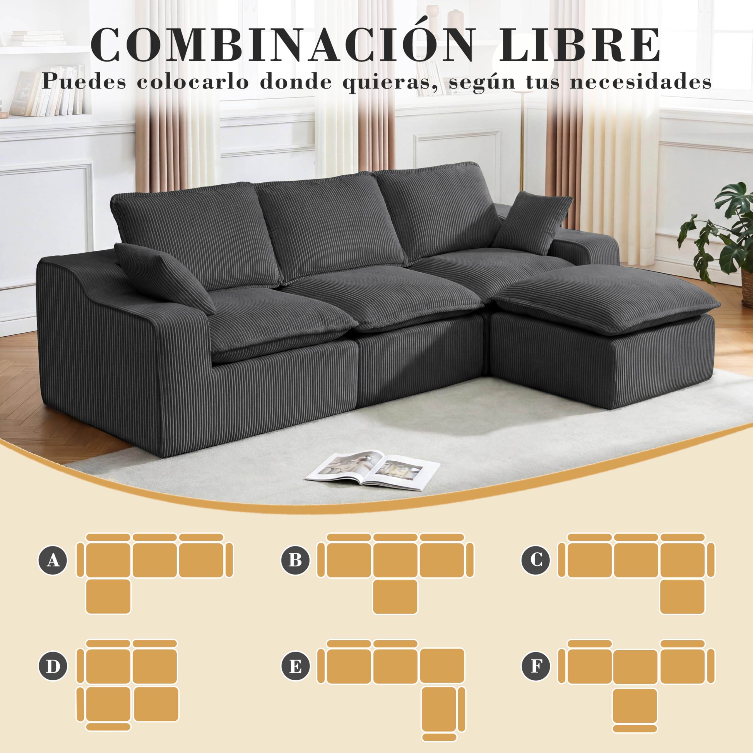 Vipbear Sofá Cama de 4 Plazas de 273 cm, Sofá de Salón en Forma de L, con Otomana Extraíble, Tapizado en Pana, Asiento Profundo y Chaise Longue, No Requiere Montaje, Gris