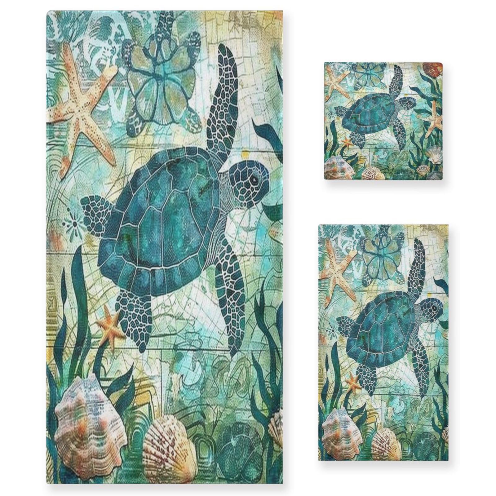 Vdsrup Vintage Ocean Turtle Towels Set of 3 Sea Starfish World Map Hand Towel Bath Towel Washcloth Soft Thin Face Guest Towel Kitchen Tea Dish Towels Bathroom Decorations Housewarming Gifts