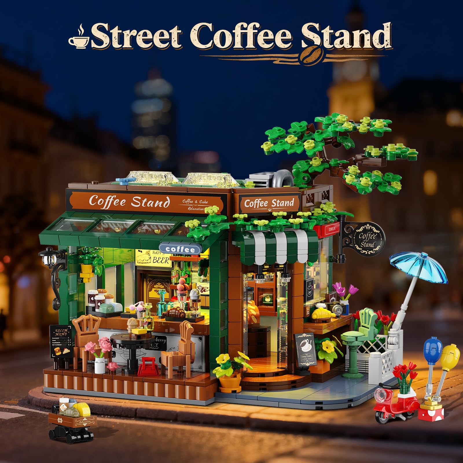 INSOON City Street - Set da costruzione per casa da caffè con luci, 1493 pezzi, stile retrò, con design apribile, modello per caffetteria, decorazione domestica, regalo per adulti, donne, adolescenti