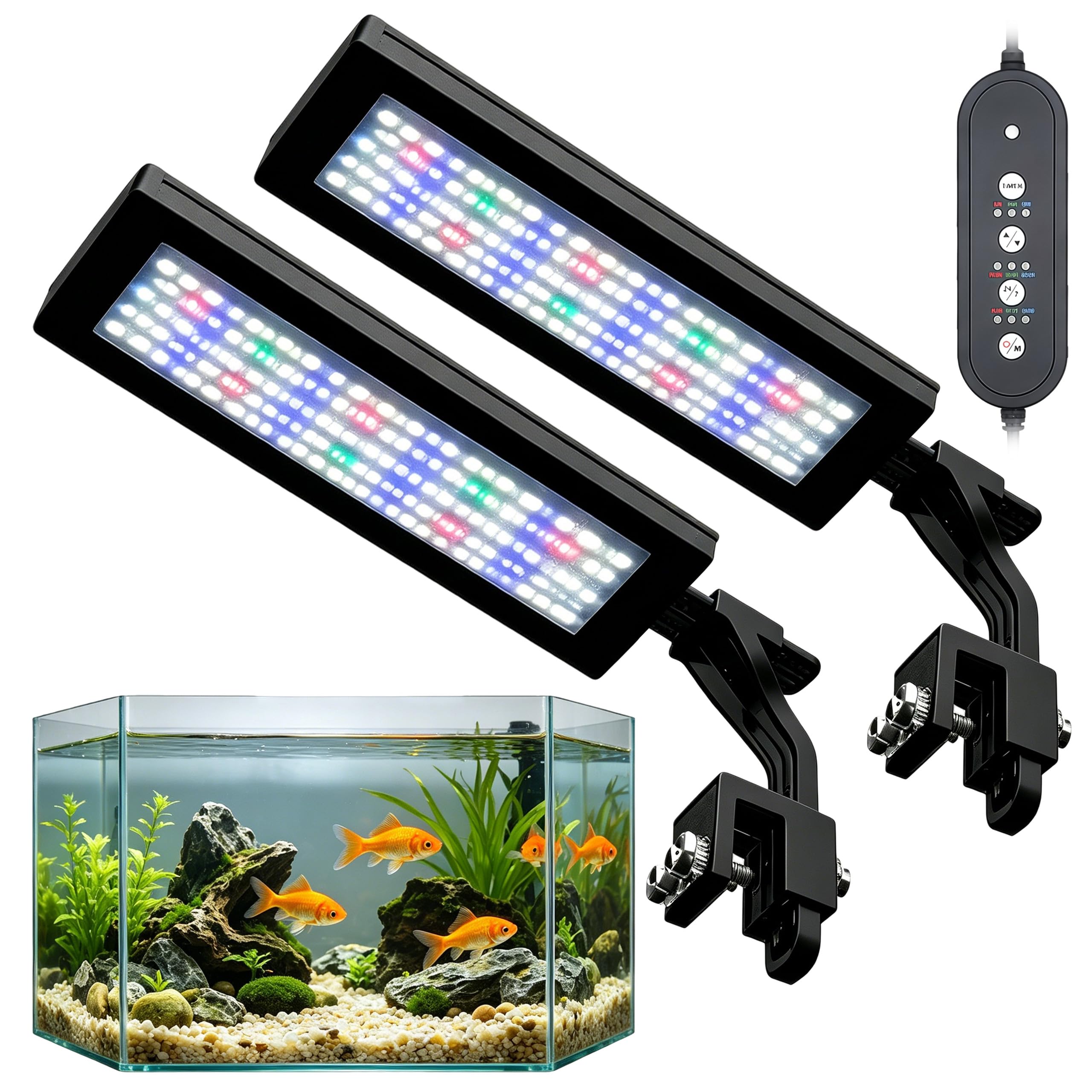 2 luces LED de 18 W para acuario, 88 luces para acuario, iluminación 24/7 y luz LED para peces, con 8 colores y 10 niveles de brillo ajustables para acuarios, plantas acuáticas y peces