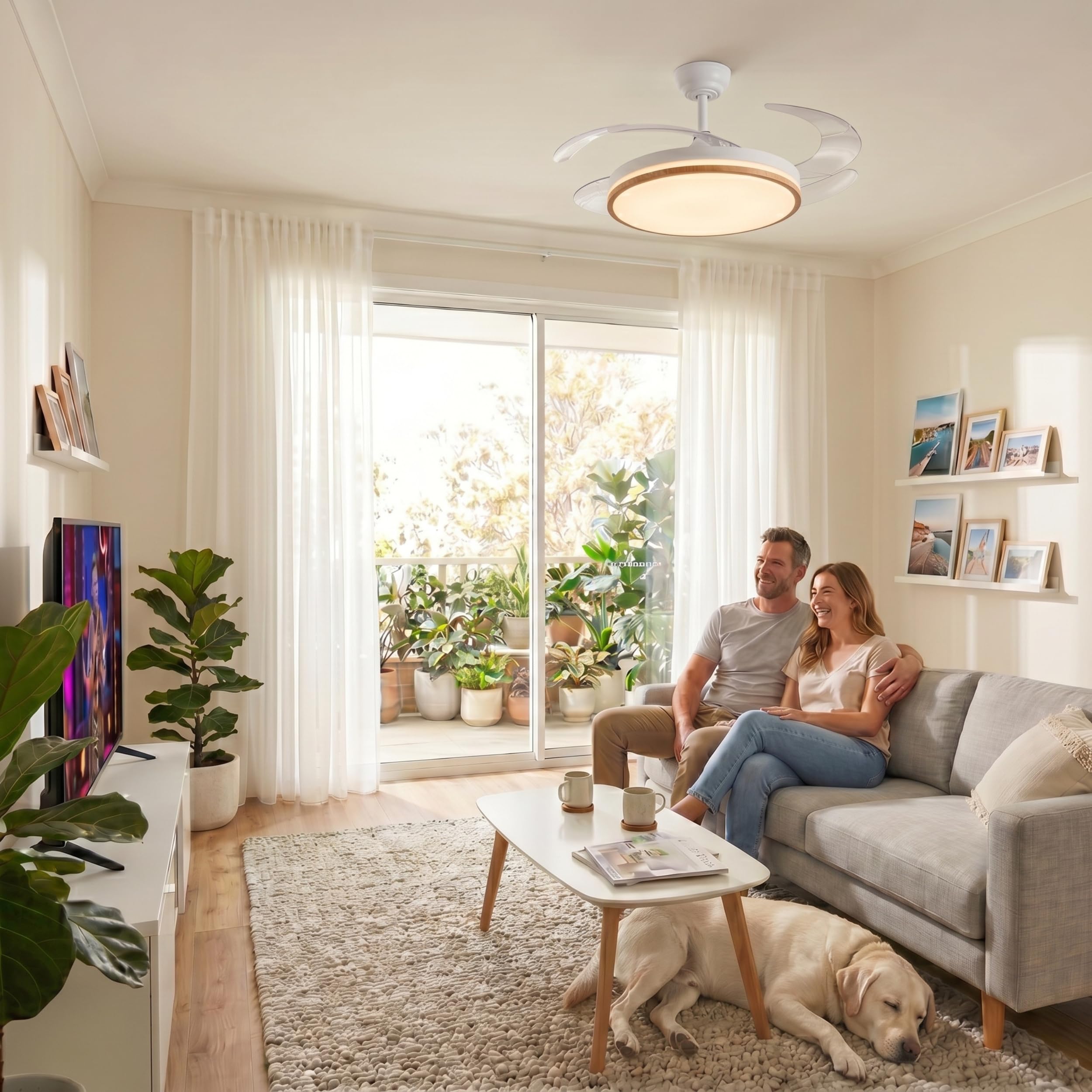 YATEK Rubia Ventilatore da Soffitto con Luce LED 60W, Bianco e Effetto Faggio, 6980 Lumen, Motore DC Silenzioso, Pale Retrattile, 6 velocità, Telecomando, Illuminazione Dimmerabile, Funzione Estata