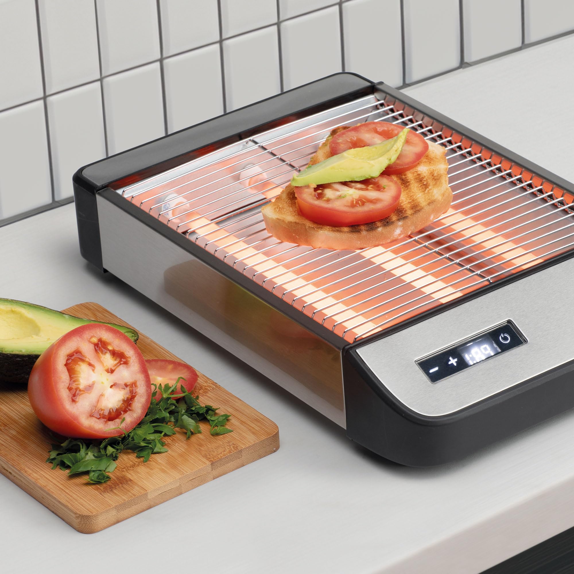 JATA JETT1590 - Tostadora Horizontal Digital, Tostador de Pan 1000W con Control Táctil, 6 Niveles de Tostado, Barras de Cuarzo, Bandeja Recogemigas Extraíble, Ideal para Pan, Bollería y Repostería