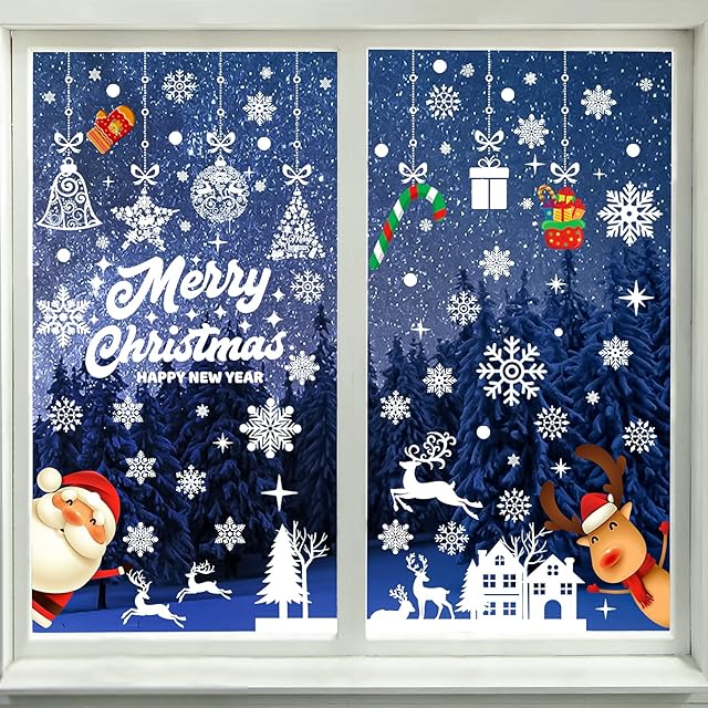 9 Sheet Christmas Window Stickers, Reusable PVC Christmas Clings for Glass Snowflake Reindeer Santa Claus Decal Window Decoration Xmas Winter Decorations Party Supplies