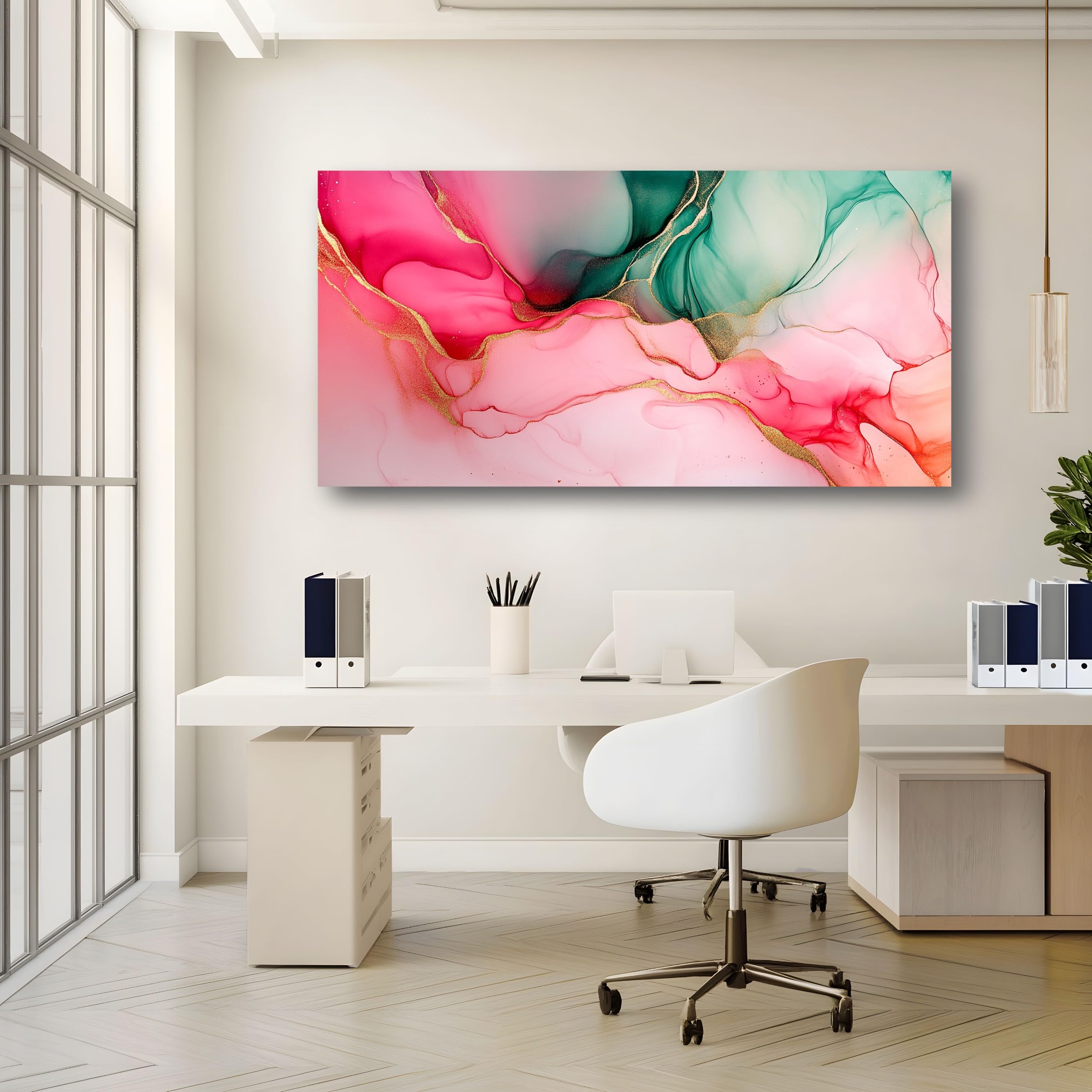 Leinwandbild 50x100 cm Abstrakt Tuschmalerei Wandbilder Modern Farbblock | Fertig Gerahmt auf Holzrahmen Kunstdruck Zeitgenössisch Flüssig Wohnzimmer Schlafzimmer Büro Dekoration