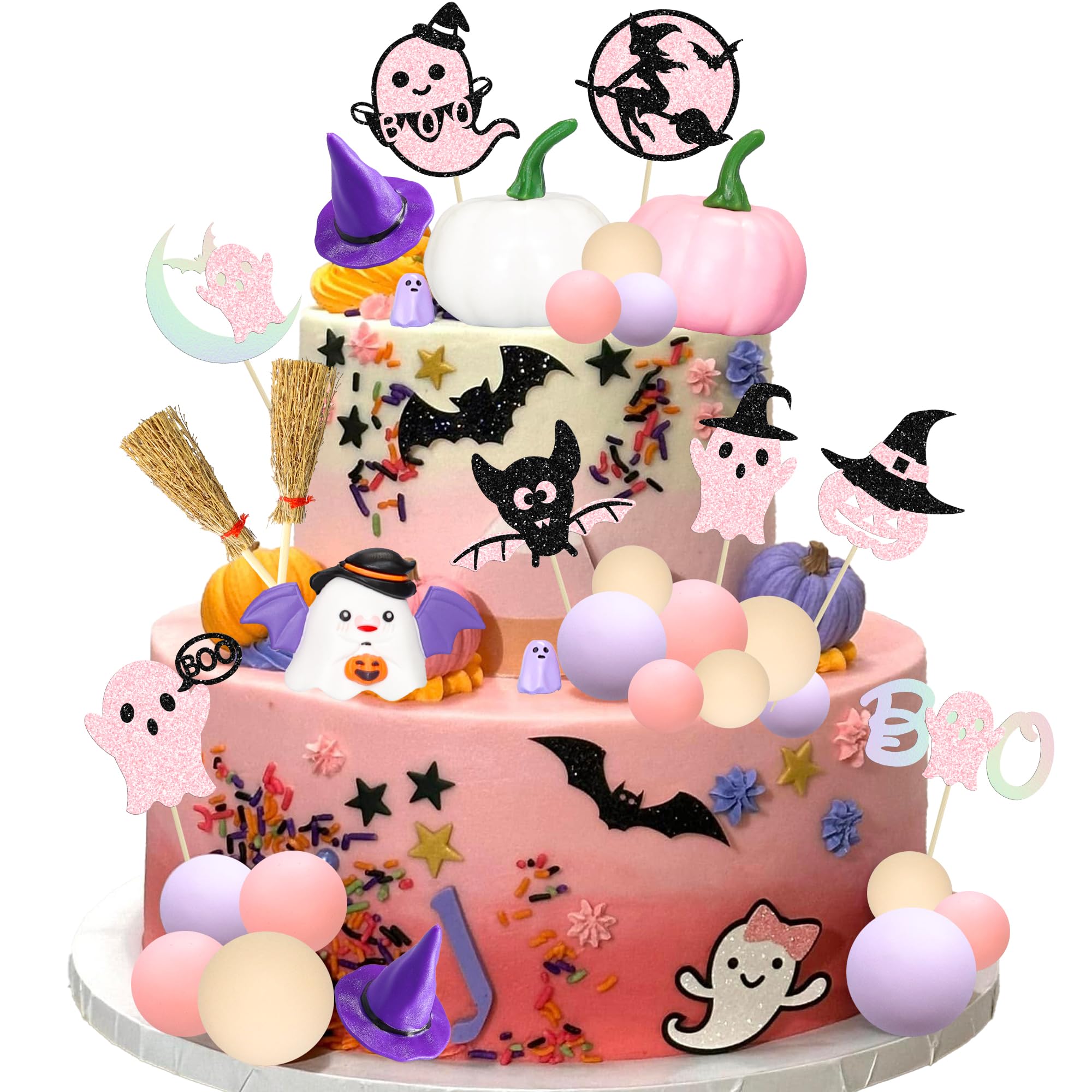 Gyufise 50Pcs Happy Halloween Cake Topper Decoration Set Pumpkin Witch Hat Ghost Foam Ball Cake Pick for Halloween Theme Birthday Party DIY Cake Decorations Supplies Pink โ image 1