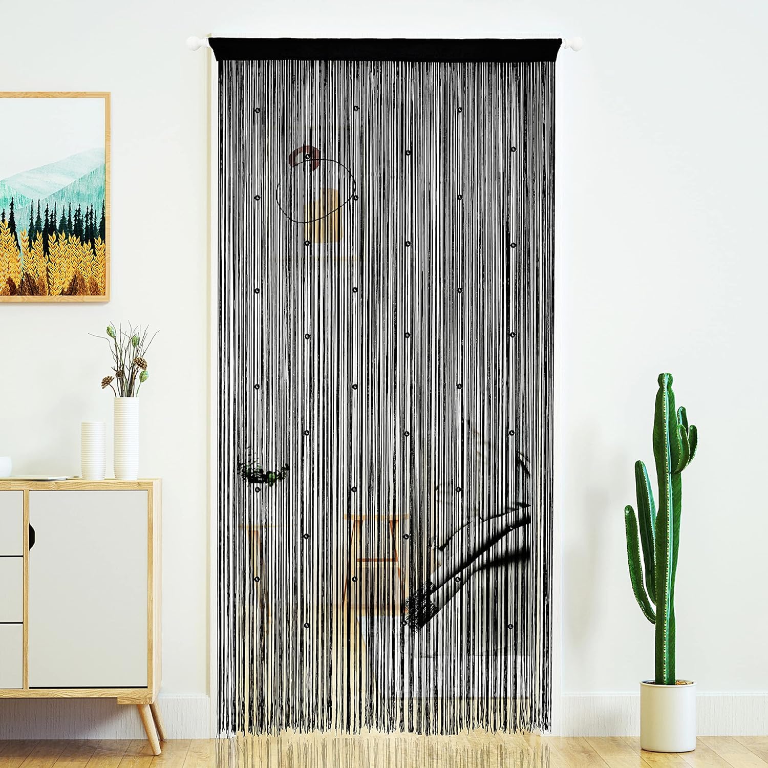 HDMOZUYT 100 * 200CM Beaded Curtain Door String Curtains for Doorway Tassels Beads Hanging Fringe Hippie Room Divider Window Hallway Entrance Wall Closet Bedroom Privacy Decor (Black)