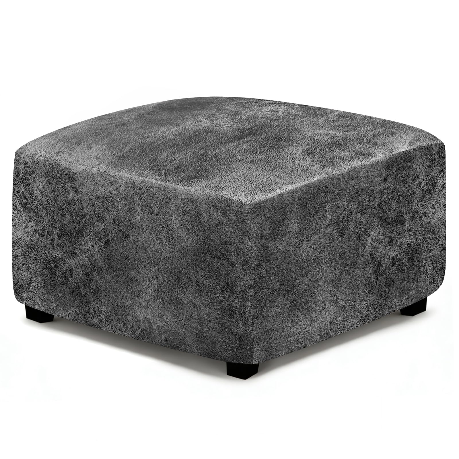 ANARACHON Leather Like Ottoman Cover, Stretch Small Square Ottoman Covers, Rectangular Ottoman Slipcovers with Removable Washable Non-Slip Elastic Bottom for Footstools (02 Light Grey, Medium)