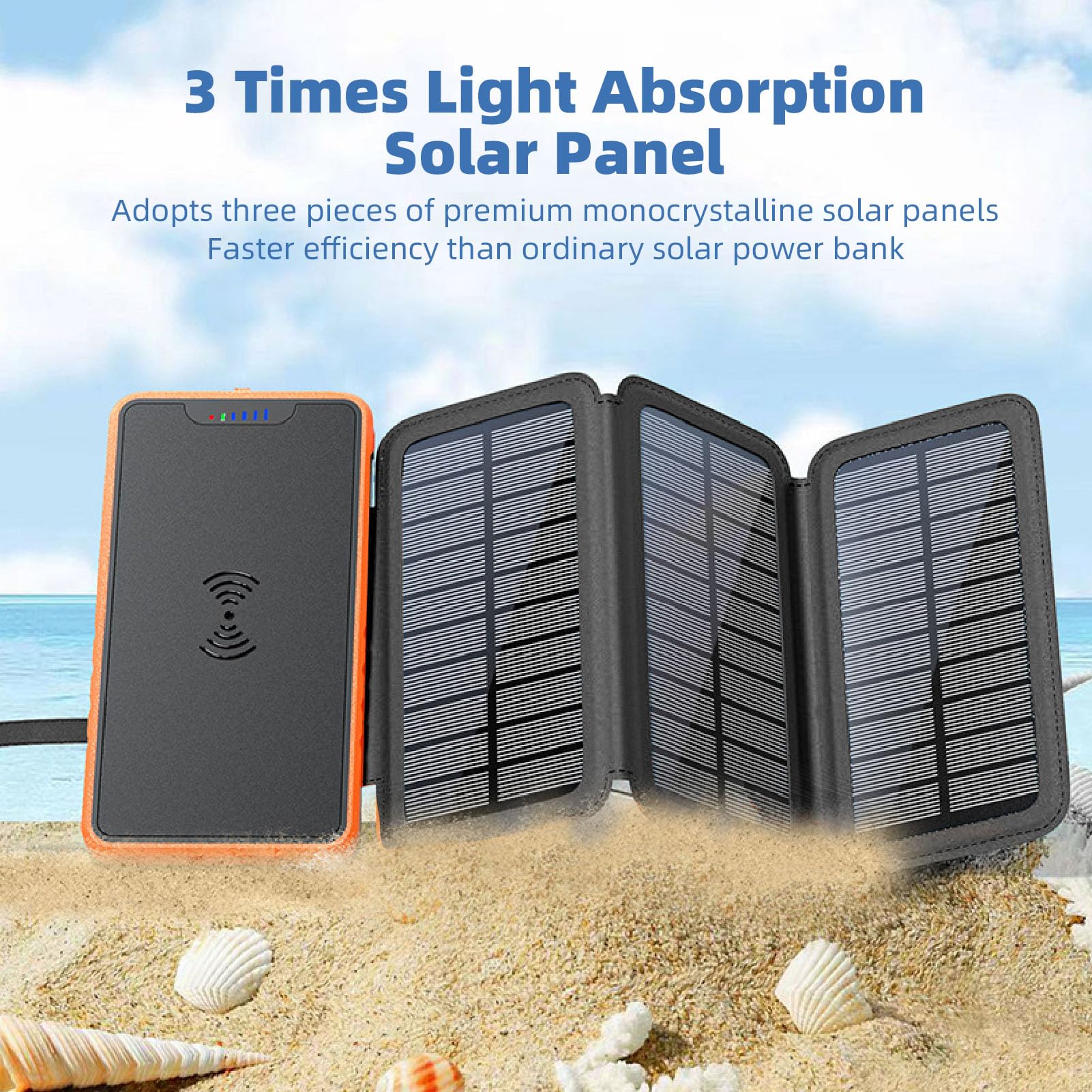 Banque d'alimentation Solaire 20000mAh, Banque d'alimentation sans Fil avec Panneau Solaire Three Fold et Lumière LED et Double Sortie USB, Batterie Externe Imperméable (Orange)