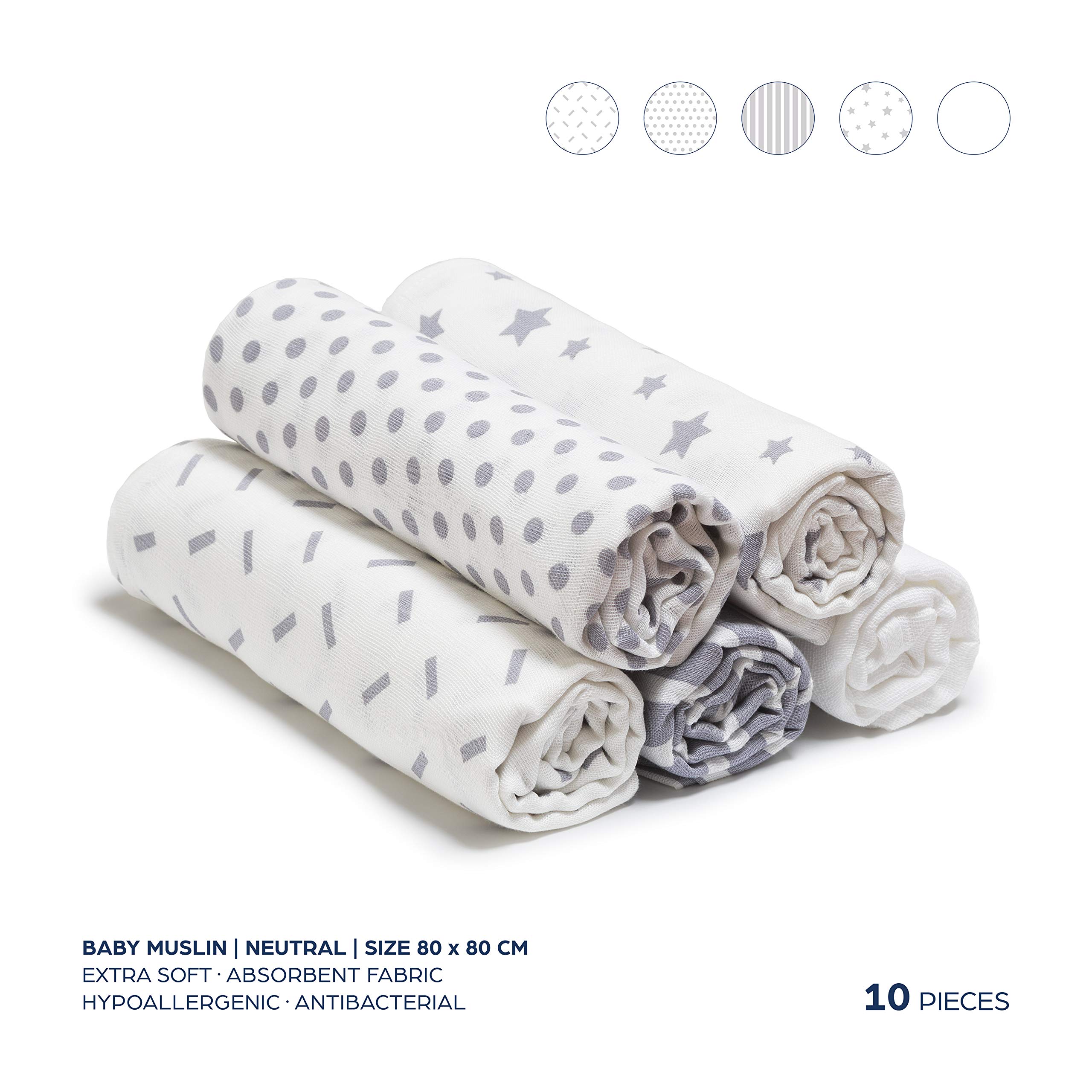 Niimo Mussole Neonato 80x80 cm in Cotone 100% Set 10pz Copertine Multifunzionali Lavabili Riutilizzabili Traspiranti Morbide Avvolgenti Quadrotti Bambini e Asciugamano Pulizia Bimbo e Mamma