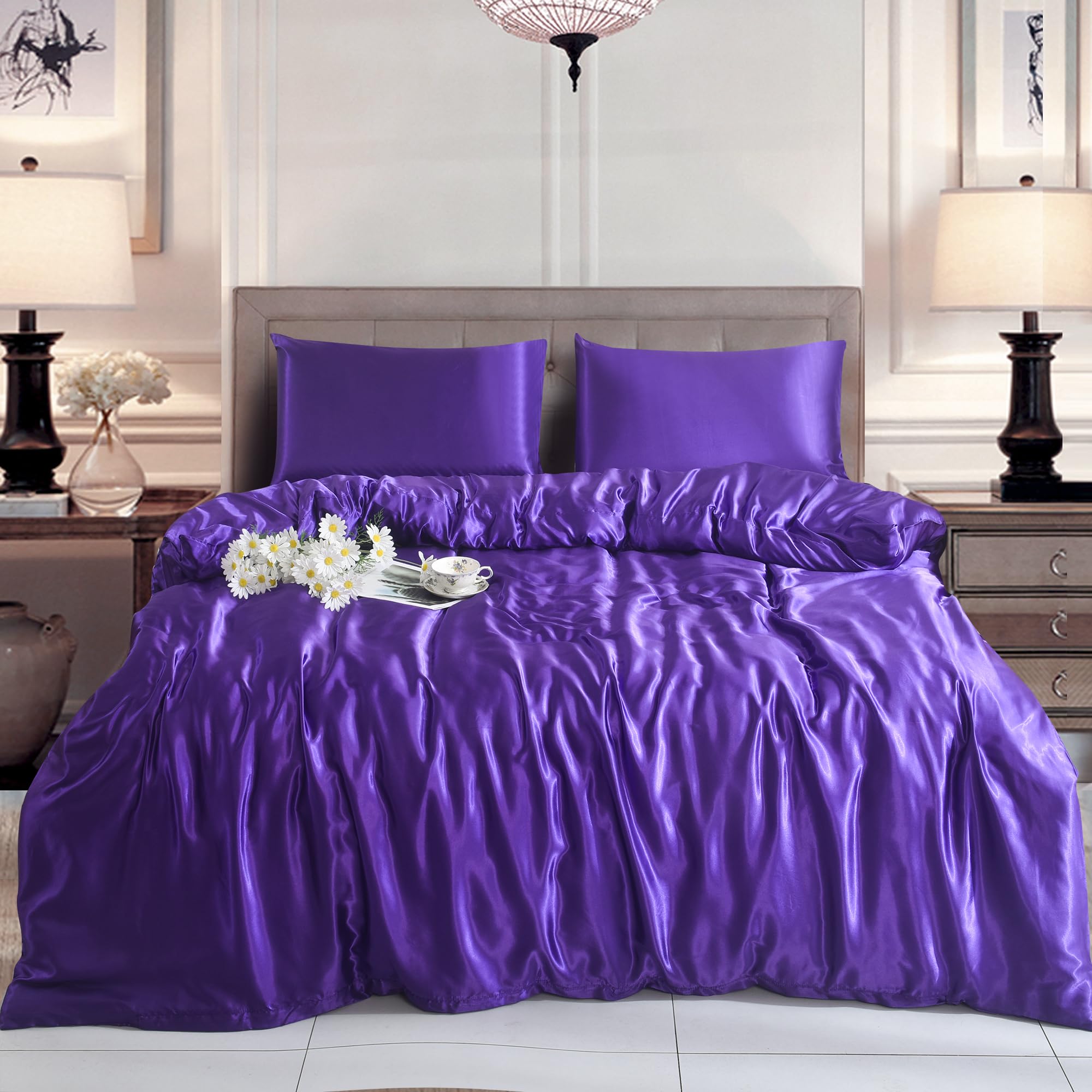 ROOEE Silk Satin Duvet Cover with Pillowcases Bedding Set for Single Double King Size Bed Easy Care Luxury Ultra Soft Quilt Cover (AUBERGINE, Single)