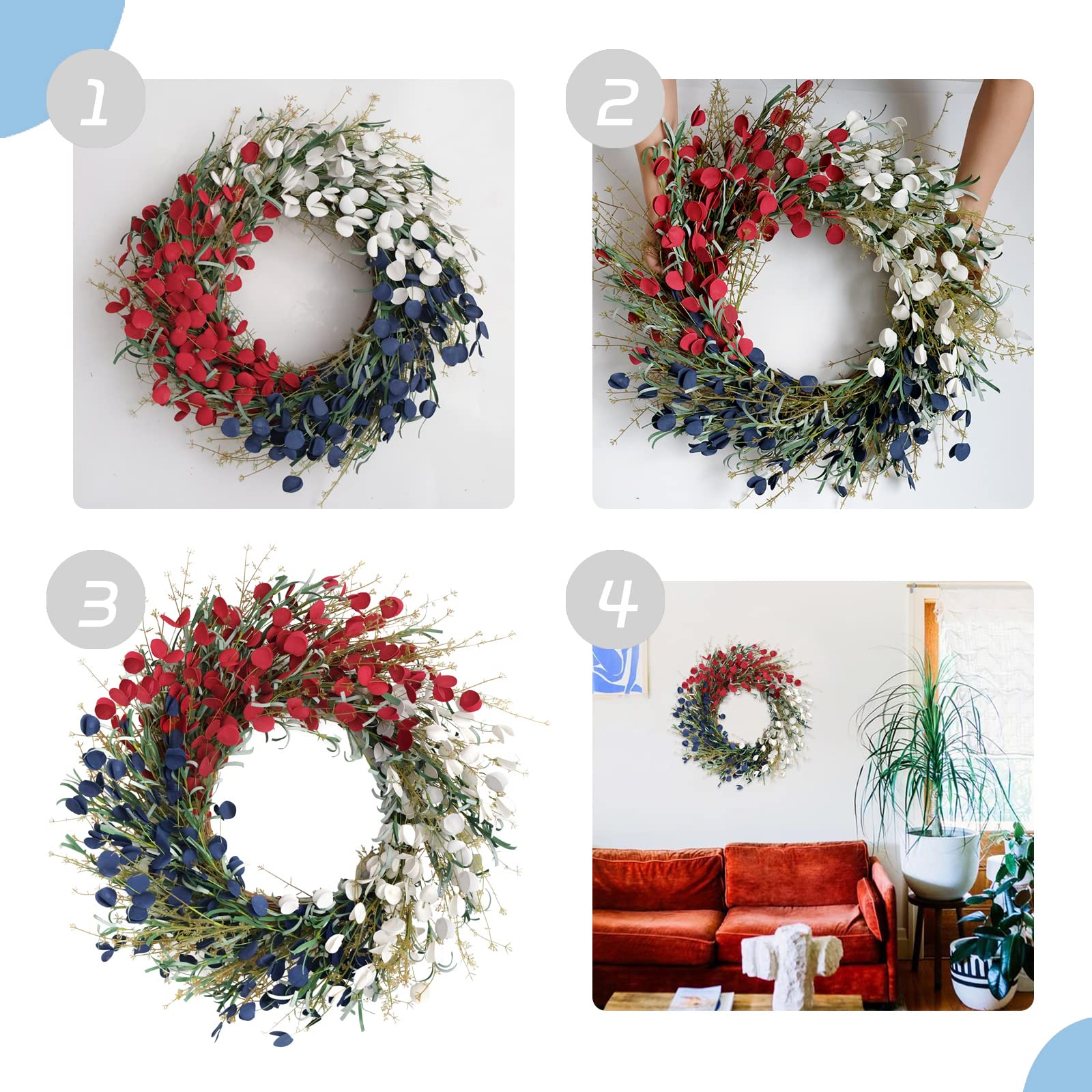 Bibelot 22 inches American Flag Floral Wreath Patriotic Decorations Wreath Red White Blue Artificial Floral Twig Wreath 4th of July Independence Day Memorial Day Flag Day Hanging Decoration
