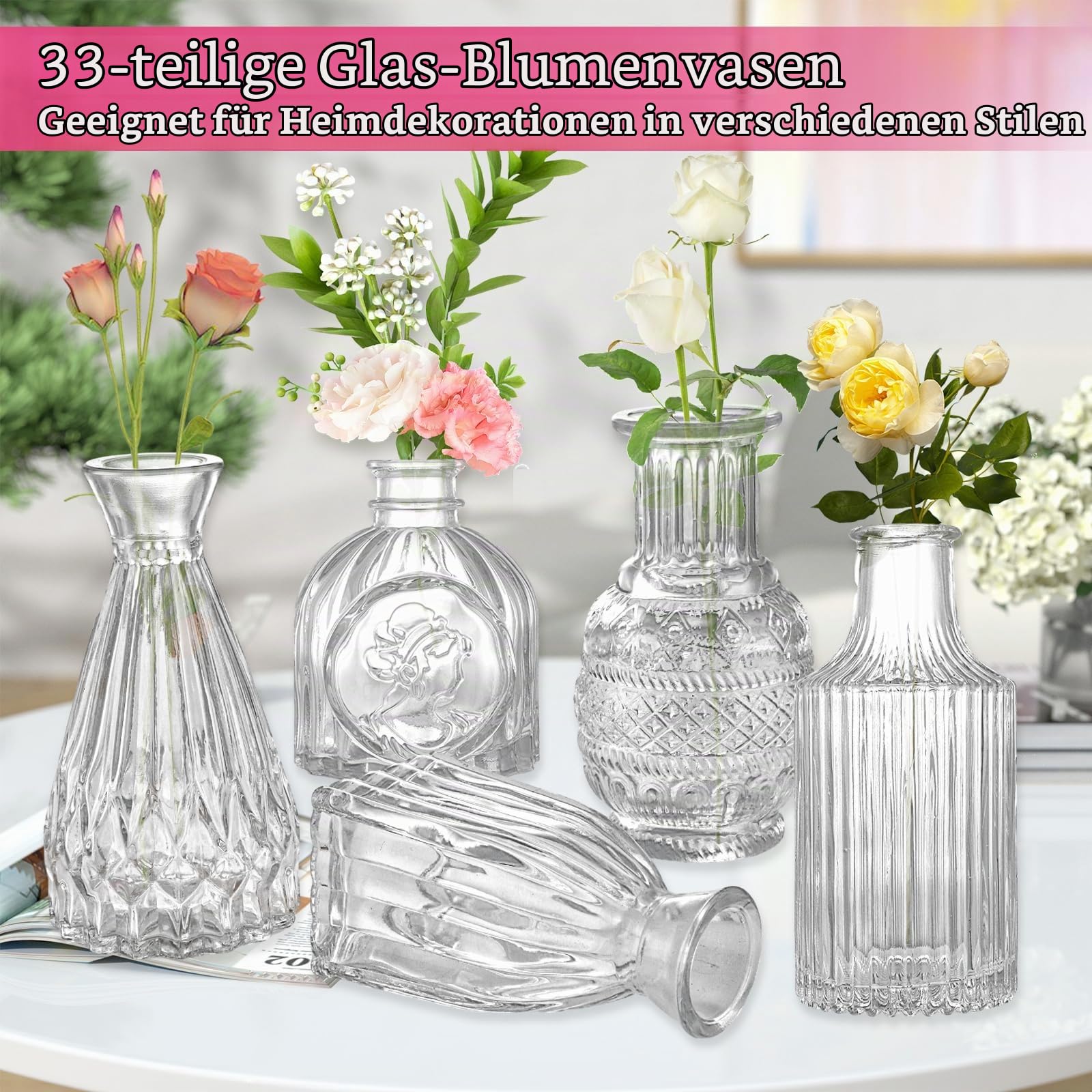 Glas Knospe Vase Satz von 33 Stück, Kleine Vasen für Rustikale Hochzeit Mittelstücke, Mini-Vasen Home Table Flower Decor, Klare Vasen