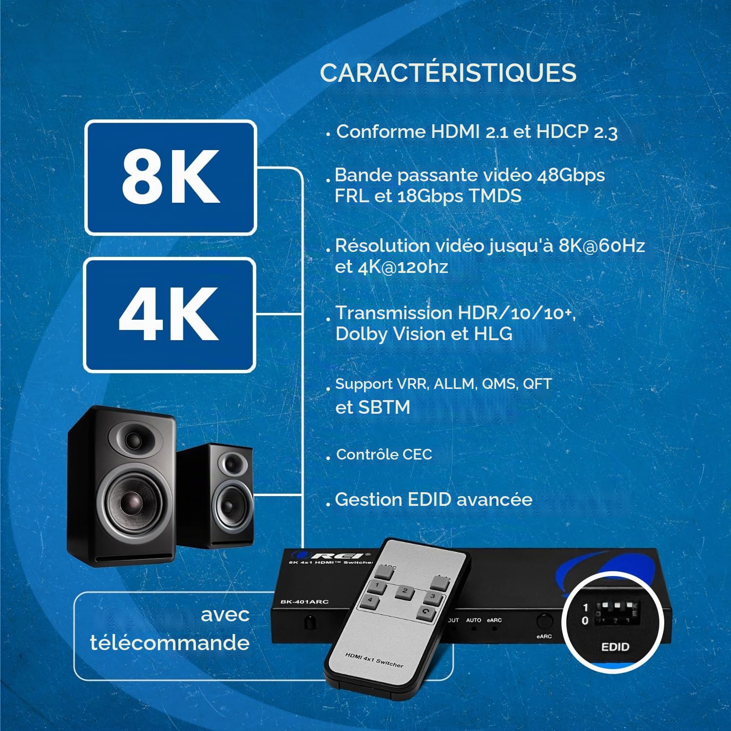 OREI 8K eARC HDMI 2.1 Switch 4 x 1, commutateur avec extracteur Audio UltraHD Prend en Charge jusqu'à 4K @ 120 Hz PS5, Jeux, télécommande Contorl IR EDID HDCP 2.3 - Sortie Optique, écouteurs L/R