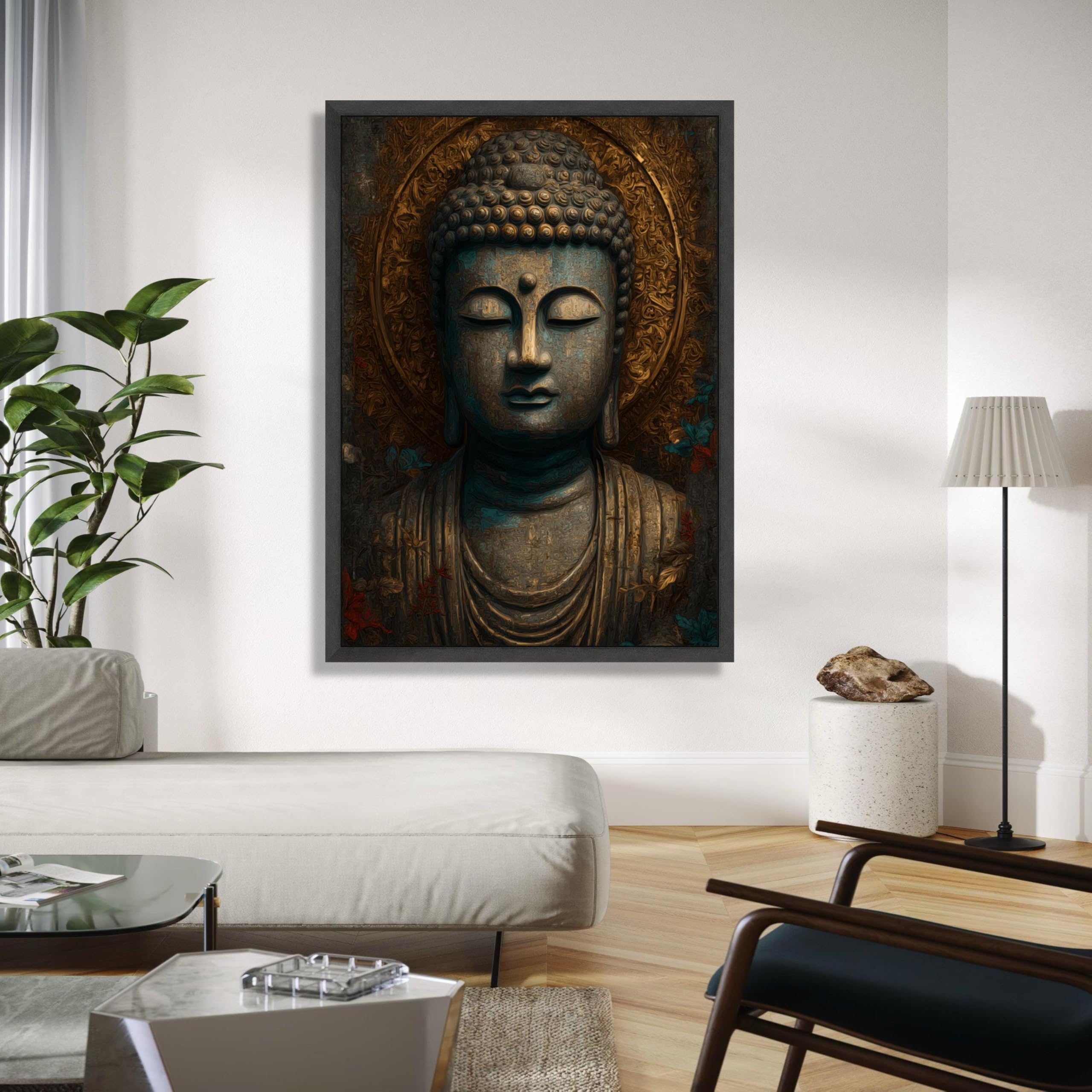 Dipinto di statua di Buddha sereno, arte murale spirituale, decorazione per meditazione, tela Zen Mindfulness, dorato ornato, arredamento per la casa (50x75 cm/cornice interna)