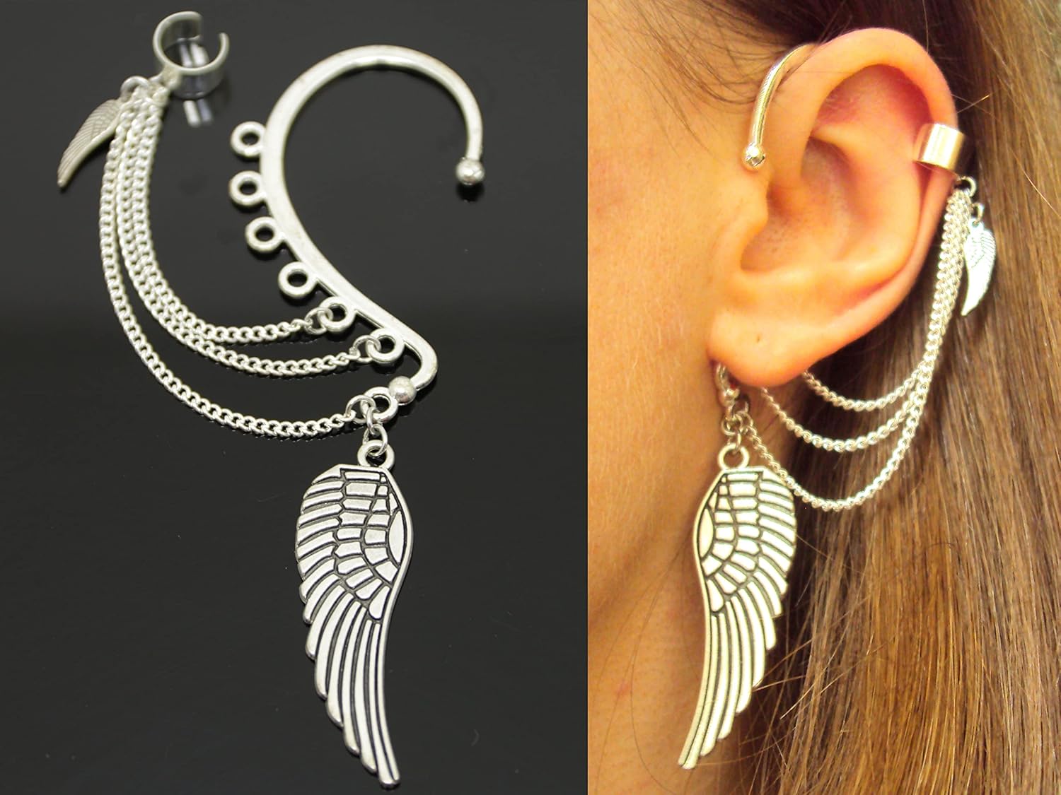 Silver wing cuff earrings, Handmade No piercing ear cuffs, Angel wings jewelry, Non pierced cuff, Elven cosplay earrings for women, Birthday party - 1 pcs