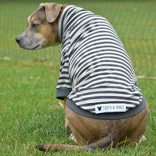 Miniatura 5 de Tooth & Honey Camisa grande para perro, camisa a rayas de algodón transpirable y elastano con cobertura completa debajo del vientre, camisa de