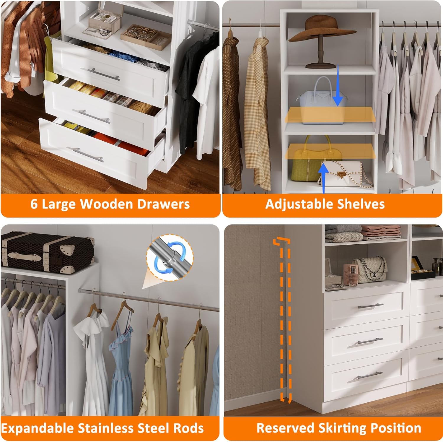 8FT Modular Closet System with 6 Drawers, Walk-in Closet Organizer System with 8 Expandable Hanging Rods & Adjustable Shelving Towers, Heavy Duty Wood Closet Storage for Bedroom, White(4 sets)