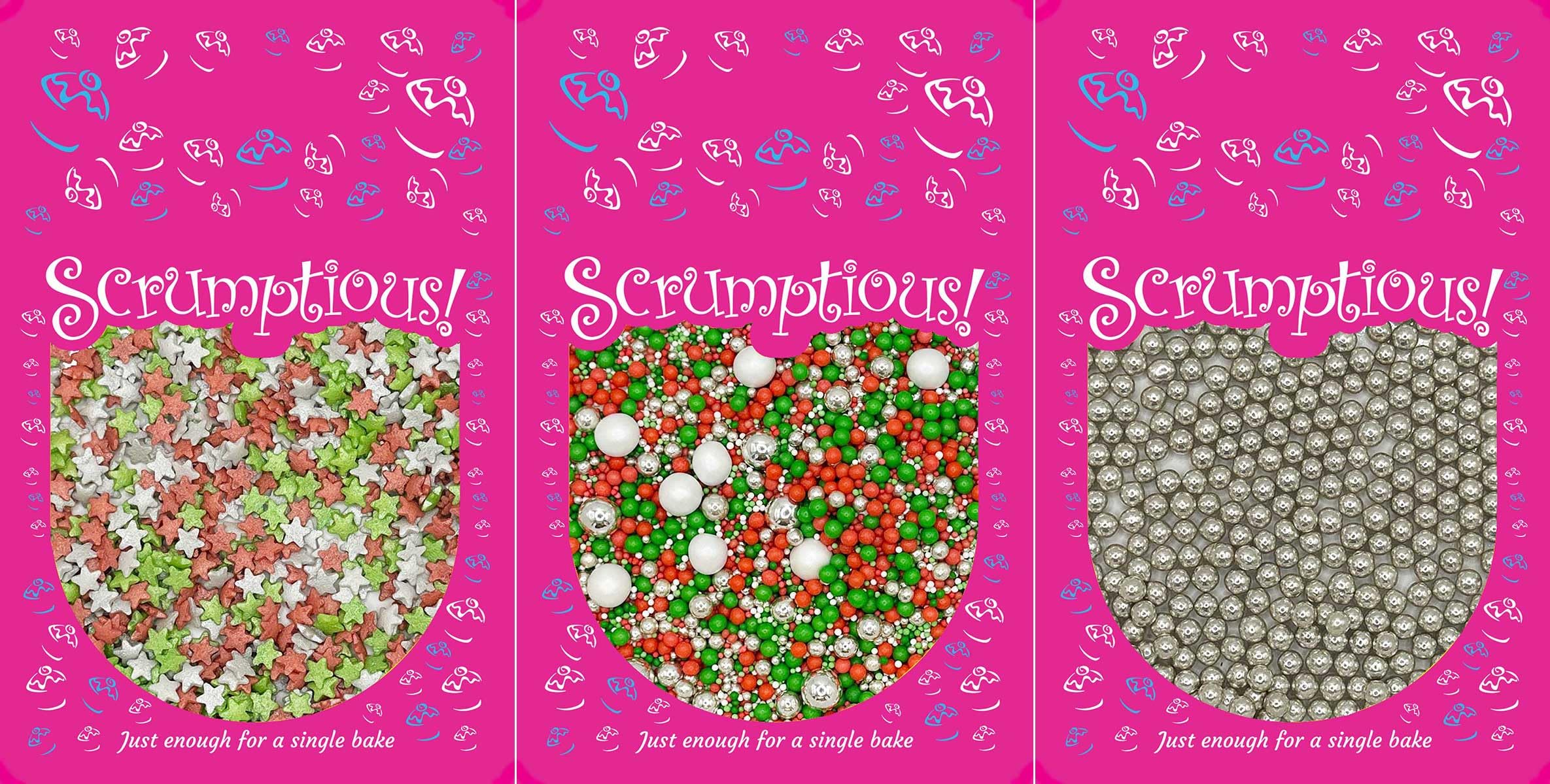 Scrumptious! - Bundle - Christmas Traditional Edible Cake Topper Sprinkles and Decorations - 1x30g Pearls Mix - Twinkle Christmas, 1x25g Red, Green and Silver Stars, 1x30g 6mm High Shine Silver Pearls