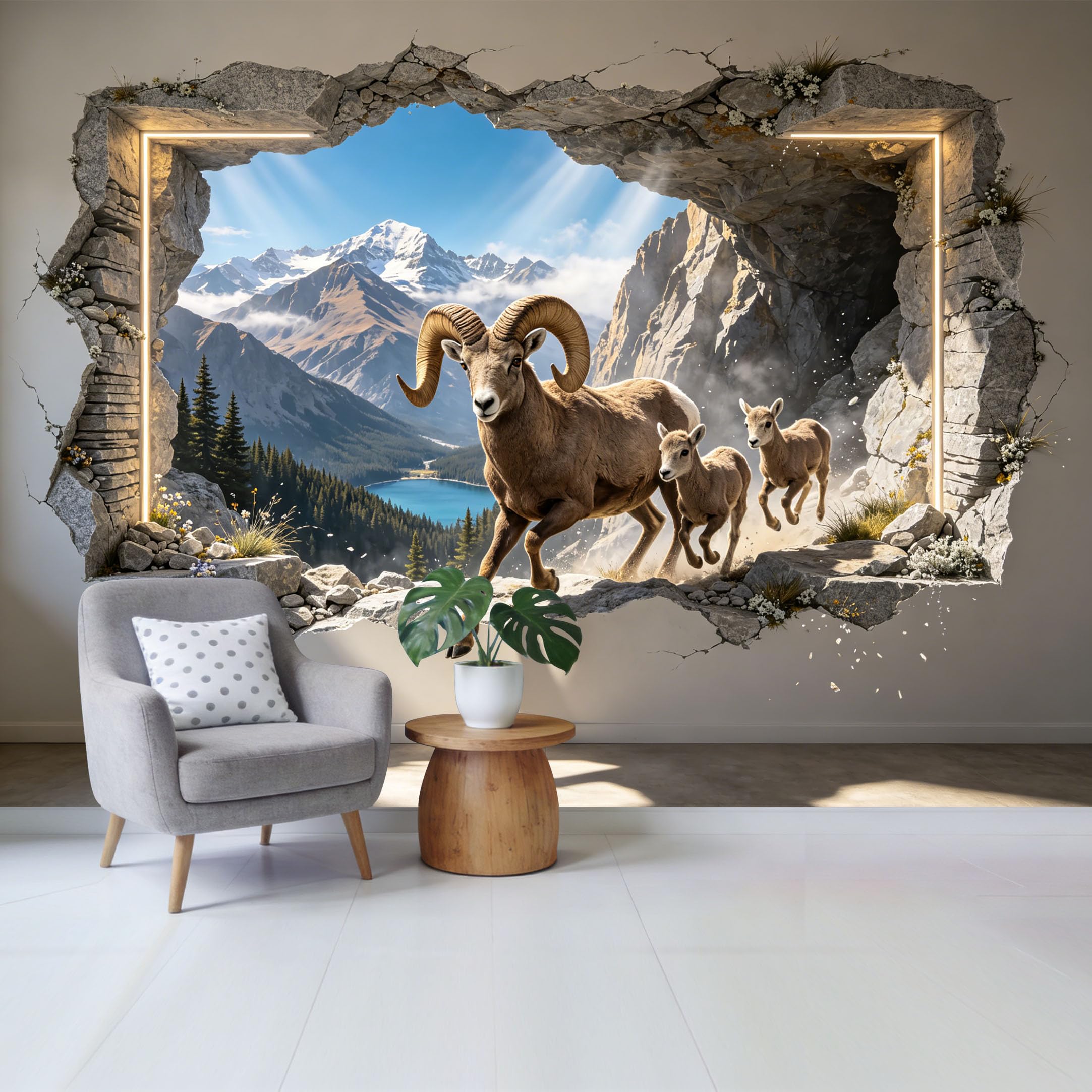 Custom Size Wall Mural 3D Mountain Lake Ram Family Landscape Trompe l’oeil Nature View Removable Self Adhesive Fabric Home Wall Decor for Living Room Bedroom Bathroom