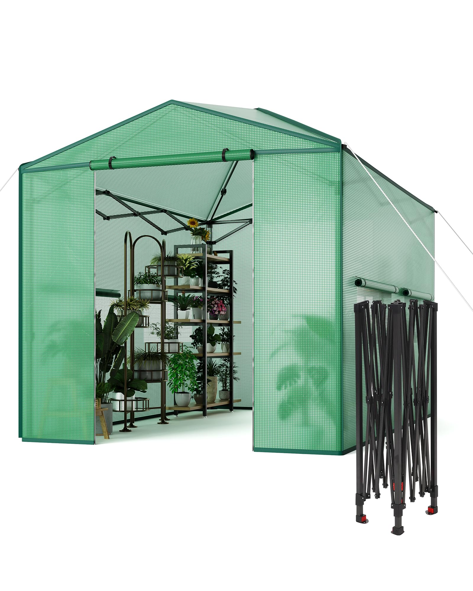 12x8 FT Hoop Greenhouse with Large Windows and Zippered Roll-Up Door,Waterproof Walk-in Tunnel Green Kit with Upgraded Galvanized Steel Frame, PE Cover, Gardening Plant Hot , Green