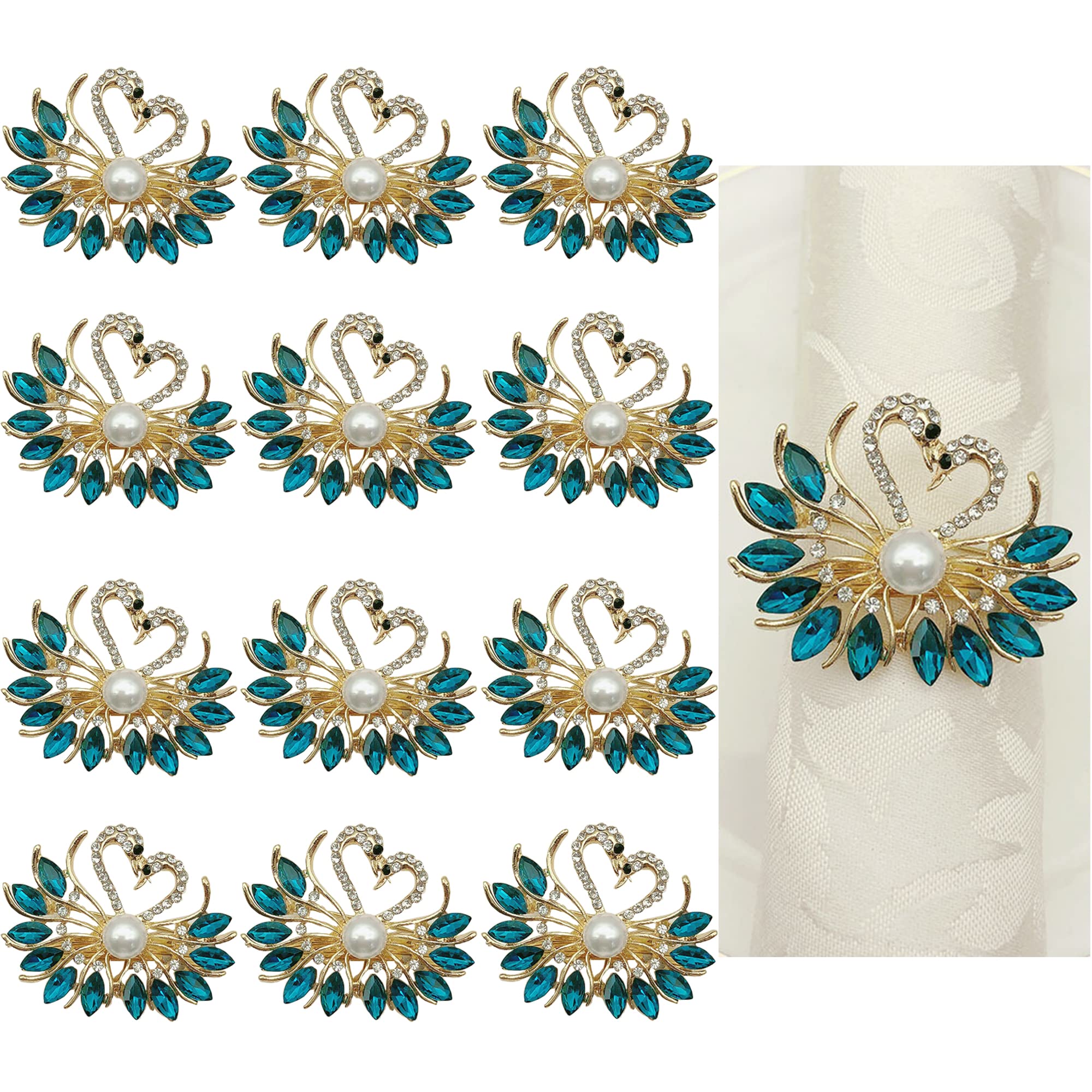 Gold Napkin Ring Teal Peacock Buckles Rhinestone Napkin Holders for Wedding Banquet Home Party Kitchen Decorations Dining Table Set of 12