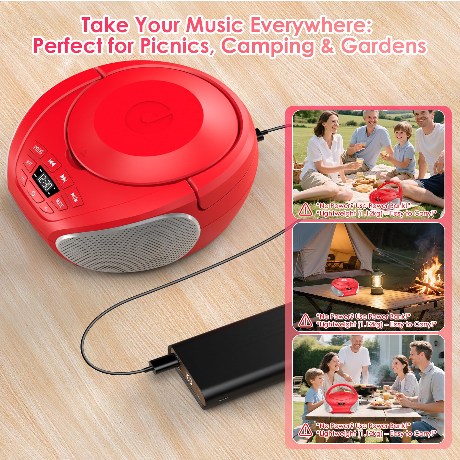 Gueray Tragbarer CD-Player Boombox Kompakt-Radio mit Stereo-Lautsprechern UKW-Radio 3,5-mm-AUX-Eingang, Kopfhöreranschluss und LCD-Display für Innenräume Outdoor Reisen & Hörbücher (Rot)