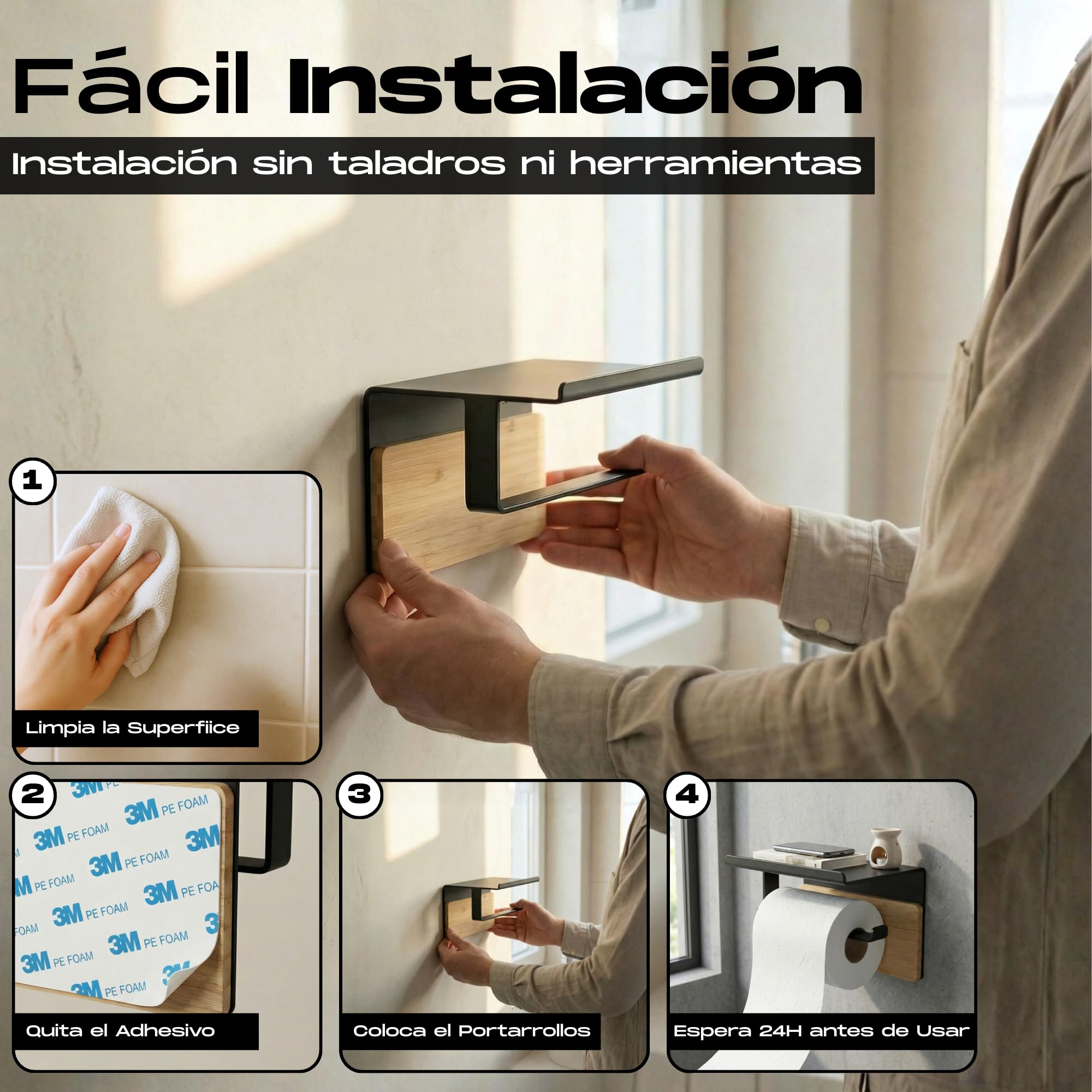 BYSER Portarrollos Papel Higienico Adhesivo con Repisa + 2 Ganchos. De Acero Inoxidable Negro y Bambú. Soporte para Papel Higienico Pared sin Taladro, con Accesorios Baño Modernos — view 6