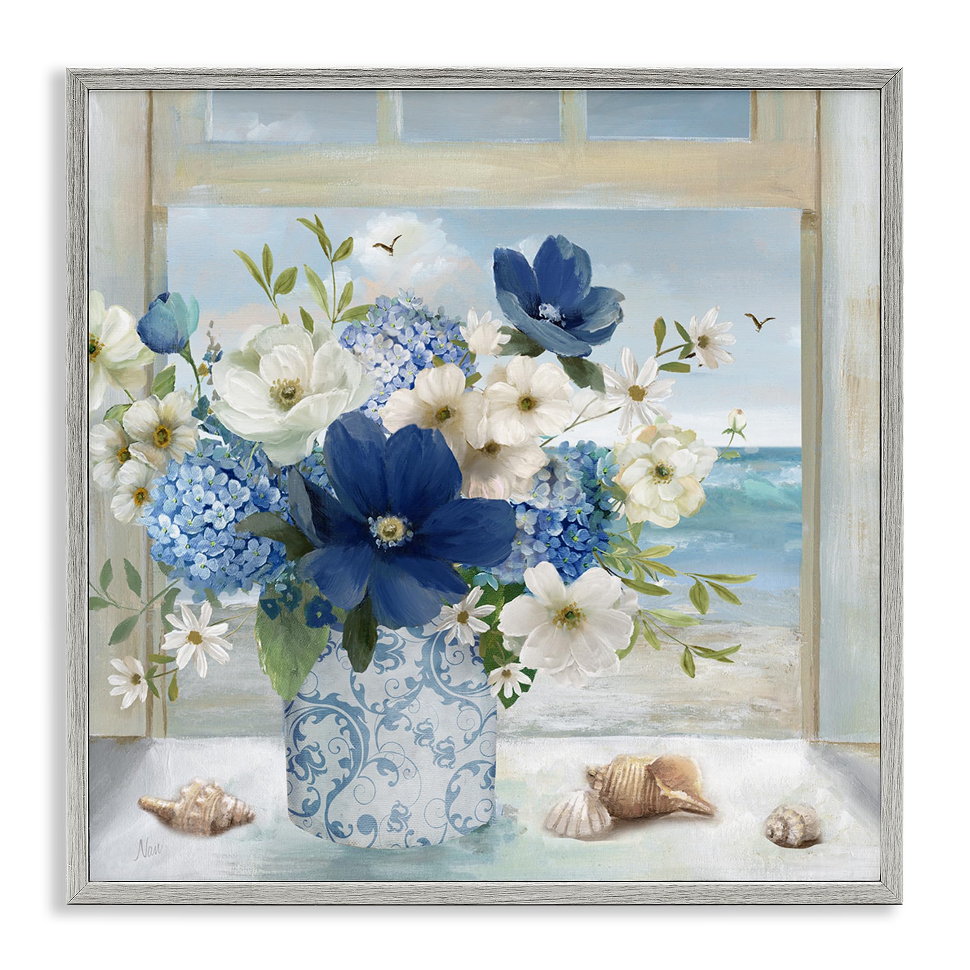Stupell Industries Farmhouse Gray (Textured) 'Seaside Blue & White Arrangement', Framed Giclee Art, Gray, 12 X 12 Inches, Easy To Hang And Sturdy, Made In Usa, By Nan