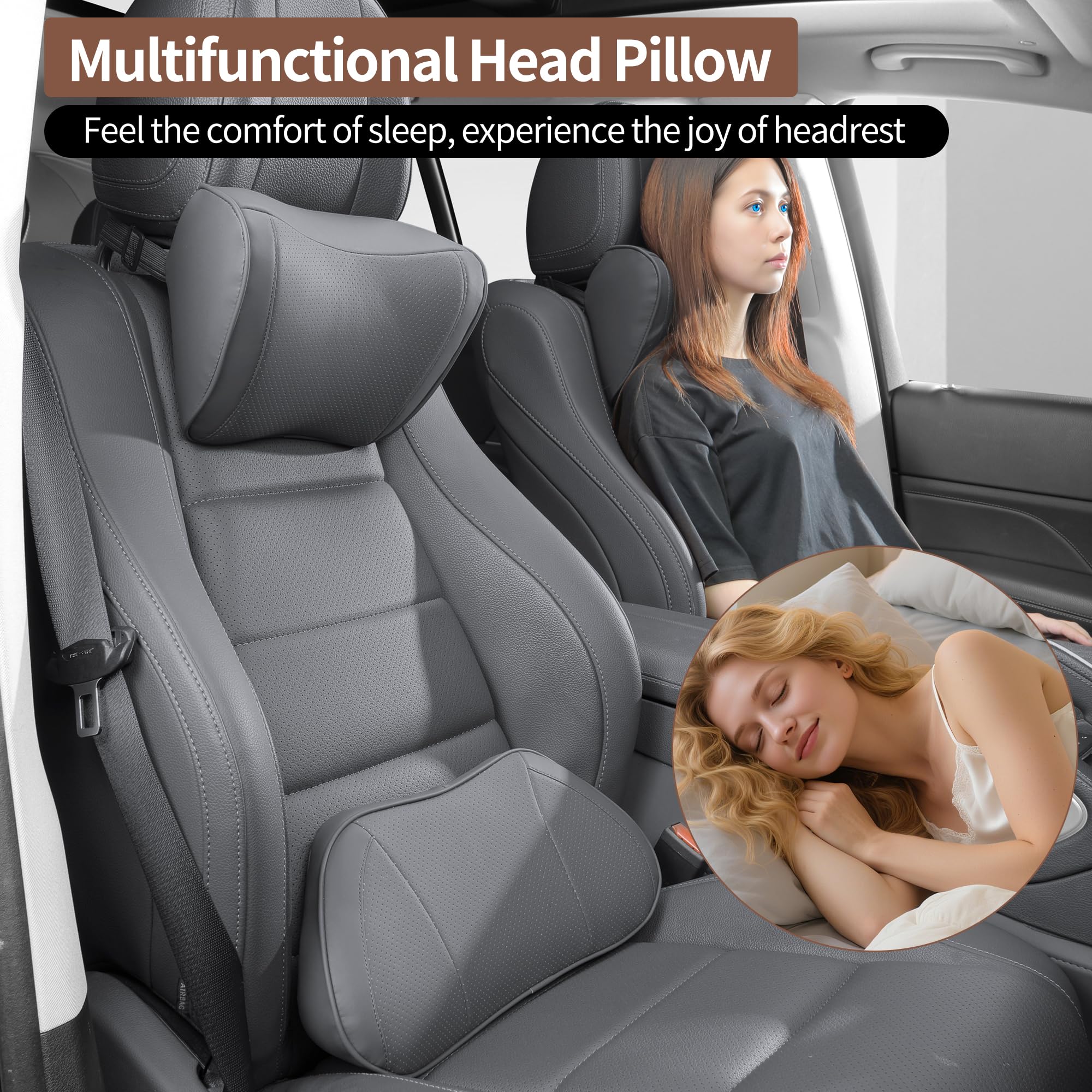 Cuscino Poggiatesta Auto Memory Foam in Pelle, Ergonomico Pillow Ortopedico per Collo per Cervicale, Supporto Testa Seggiolino Auto per Guida, Viaggi, Casa e Ufficio, Grigio, 1 Pezzo