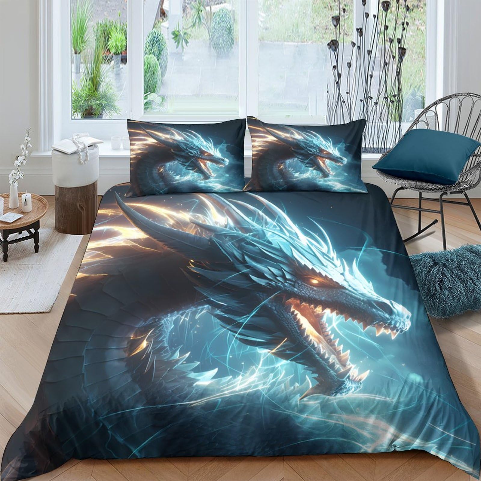 Ctjqhvkz Style-8 3D Printed Blue Dragon Fitted Sheet Microfiber Soft Mattress Cover Fire Fantasy Bed Sheet For Bedroom Decor Single（135X200cm）