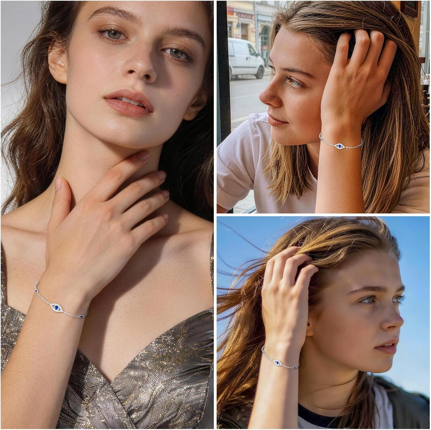 Blue Evil Eyes Link Bracelet, Evil Eye Earrings, S925 Sterling Silver Dainty Cubic Zirconia Adjustable Link Lobster Claw Clasp Chain Jewelry - Image 2