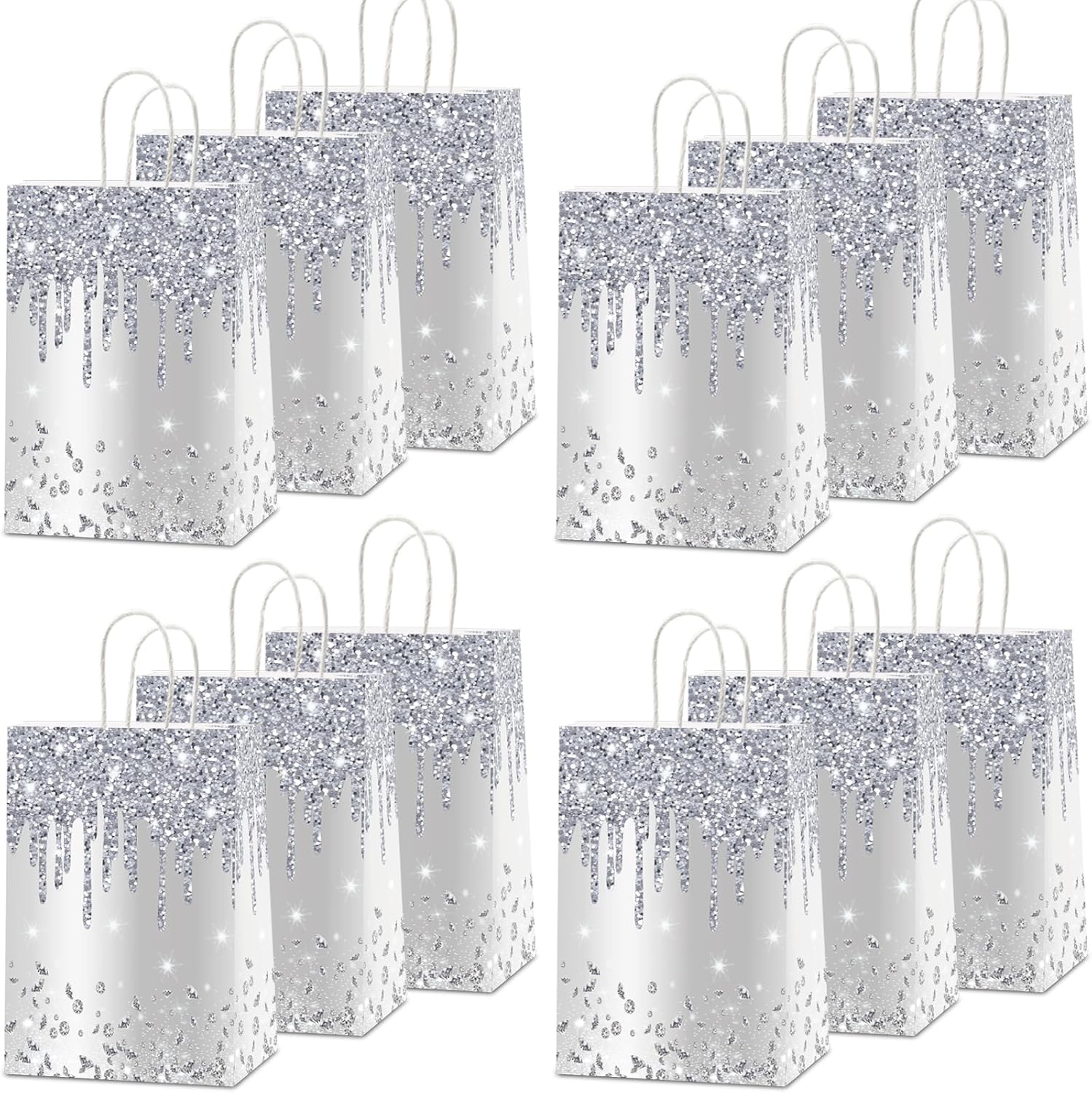 Naozinebi 12Pcs Silver Glitter Gift Bags Glitter Diamond