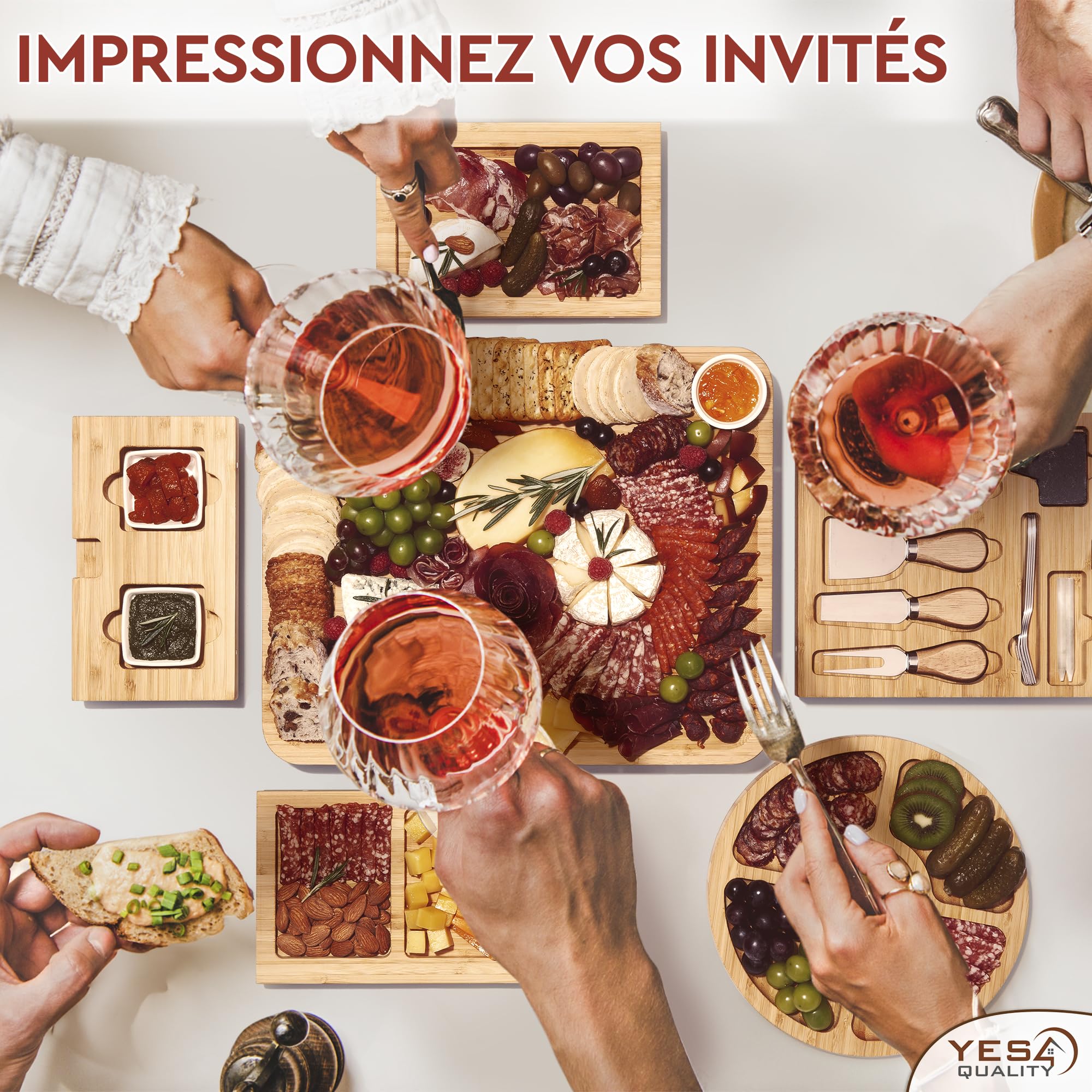 Coffret cadeau premium de planches à charcuterie - 23 pièces, bambou - Grande planche à fromage + plateau pour la fête des Mères, un anniversaire, une pendaison de crémaillère, une fête prénuptiale