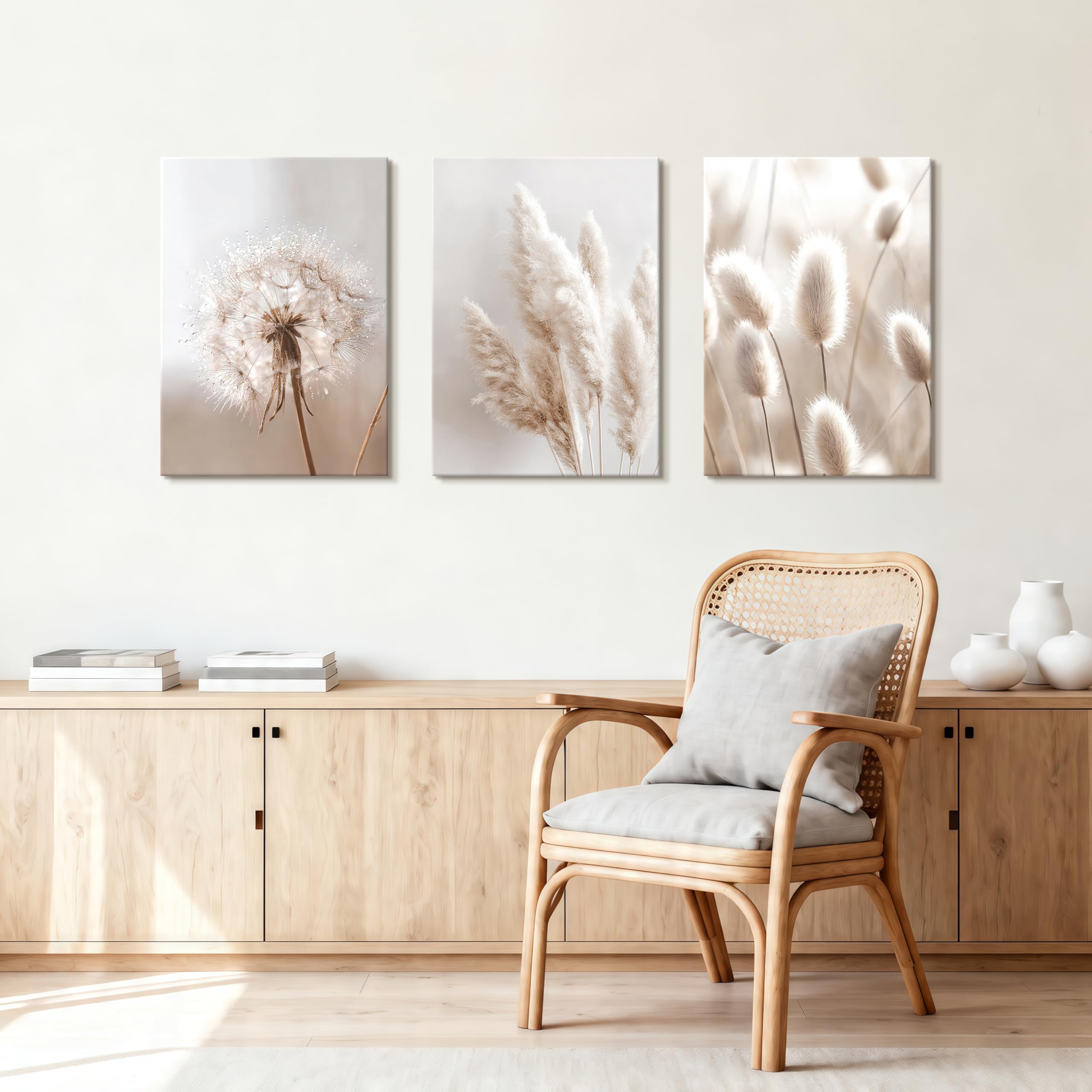 WENGTIAO 3 Stück Beige Weiße Botanische Leinwand Bilder Kunstdrucke Gerahmt, Löwenzahn Schilf und Hasenschwanzgras Wandbilder auf Leinwand für Modern Wohnzimmer Schlafzimmer Wand Deko 40x60cmx3