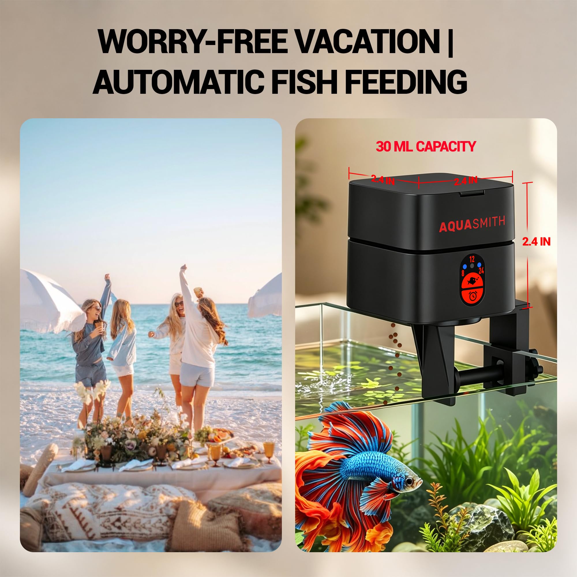 AQUASMITH Distributeur automatique de nourriture pour poissons avec minuterie pour une alimentation précise, capacité de 30 ml pour aquarium Betta de 1/2/5/10 gallons