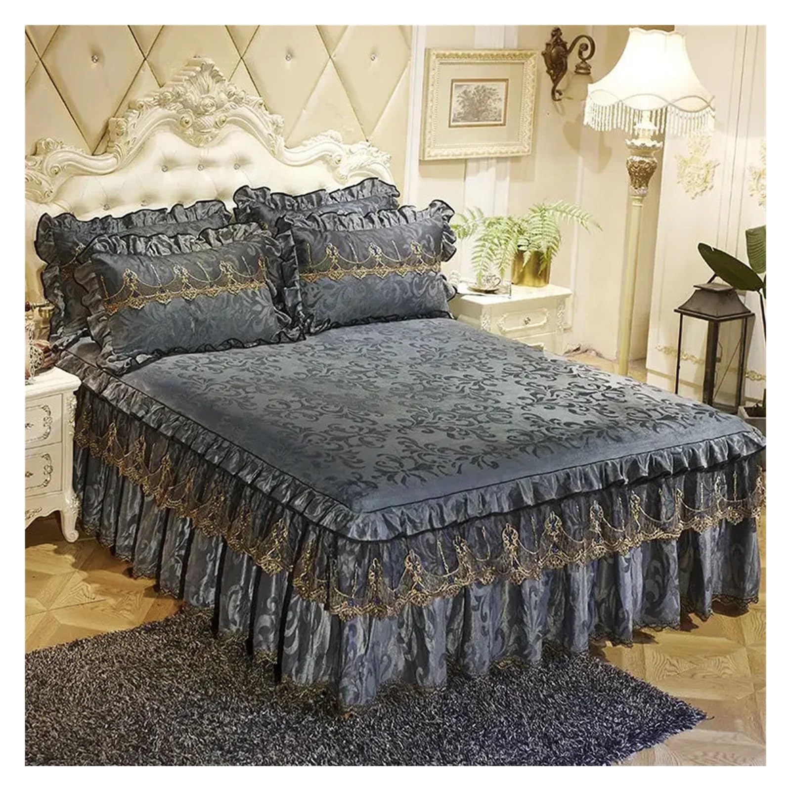3 Stück Tagesdecke auf dem Bett Luxus Spitze Bettrock Dicke Schöne Bettwäsche Bettwäsche Bettlaken Home Tagesdecken Queen/King Size (Grau, 3 Stück 160 x 200 cm)