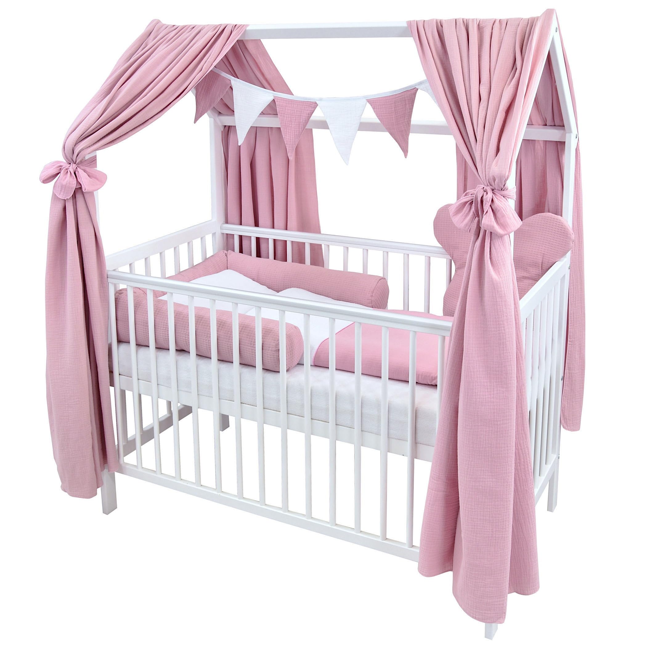 Generisch Baby Delux Musselin Betthimmel für Hausbett Dach 2-teilig 160x300 cm 2 Stück 100% Baumwolle für Kinderbett Babybett Hausbett mit Schleife Deko für Mädchen und Jungen (Blush)