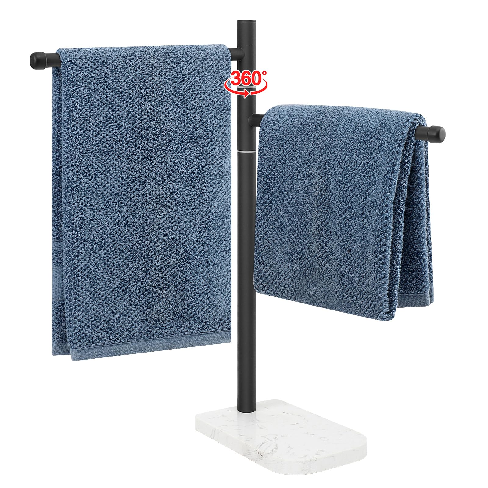 BathAce Hand Towel Holder, F-Shape Hand Towel Stand with Marble Base, Stainless Steel Swivel Hand Towel Rack Bar Standing for Bathroom Kitchen Countertop, 2 Arms (Matte Black)