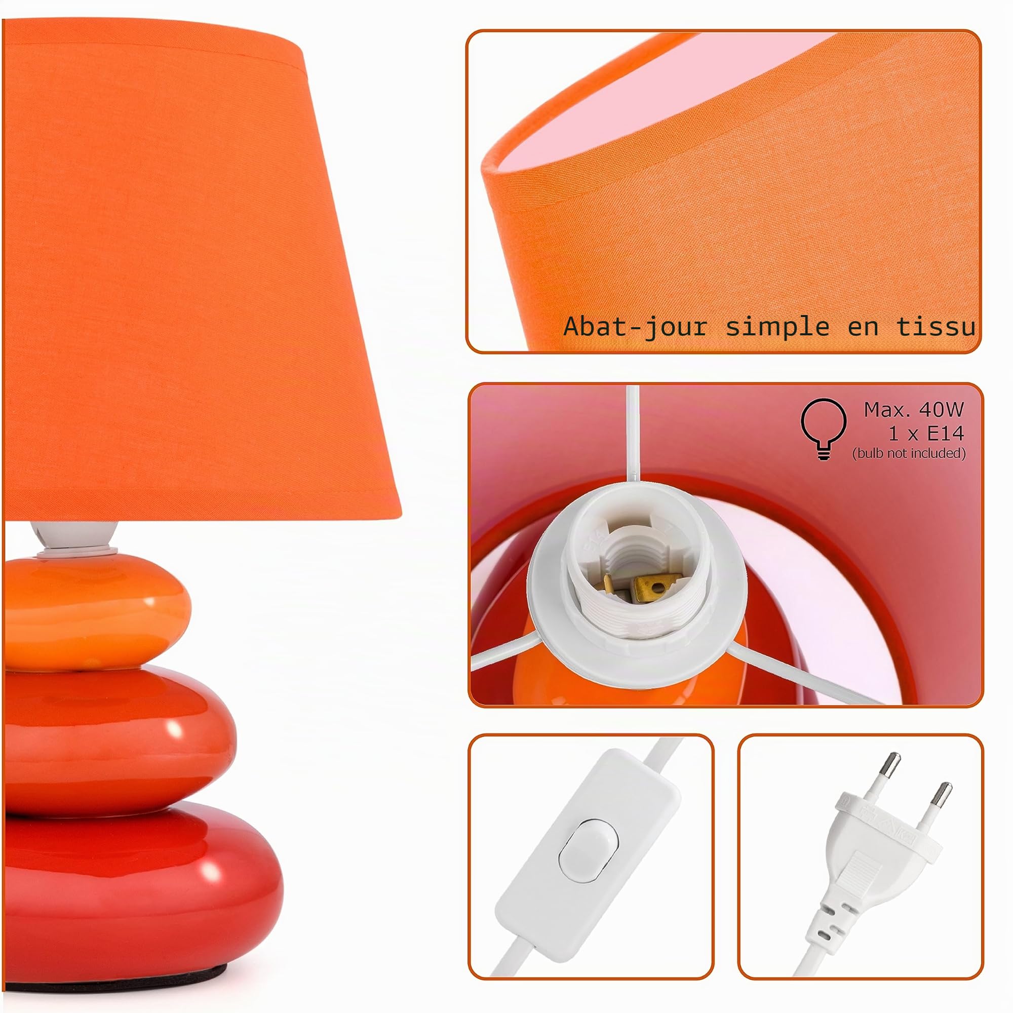 Urban Lifestyle Lampe de chevet Lina (orange) lampe de table en céramique avec abat-jour en tissu, LED appropriée, E14, lampe de table en céramique 230V, lampe de chevet