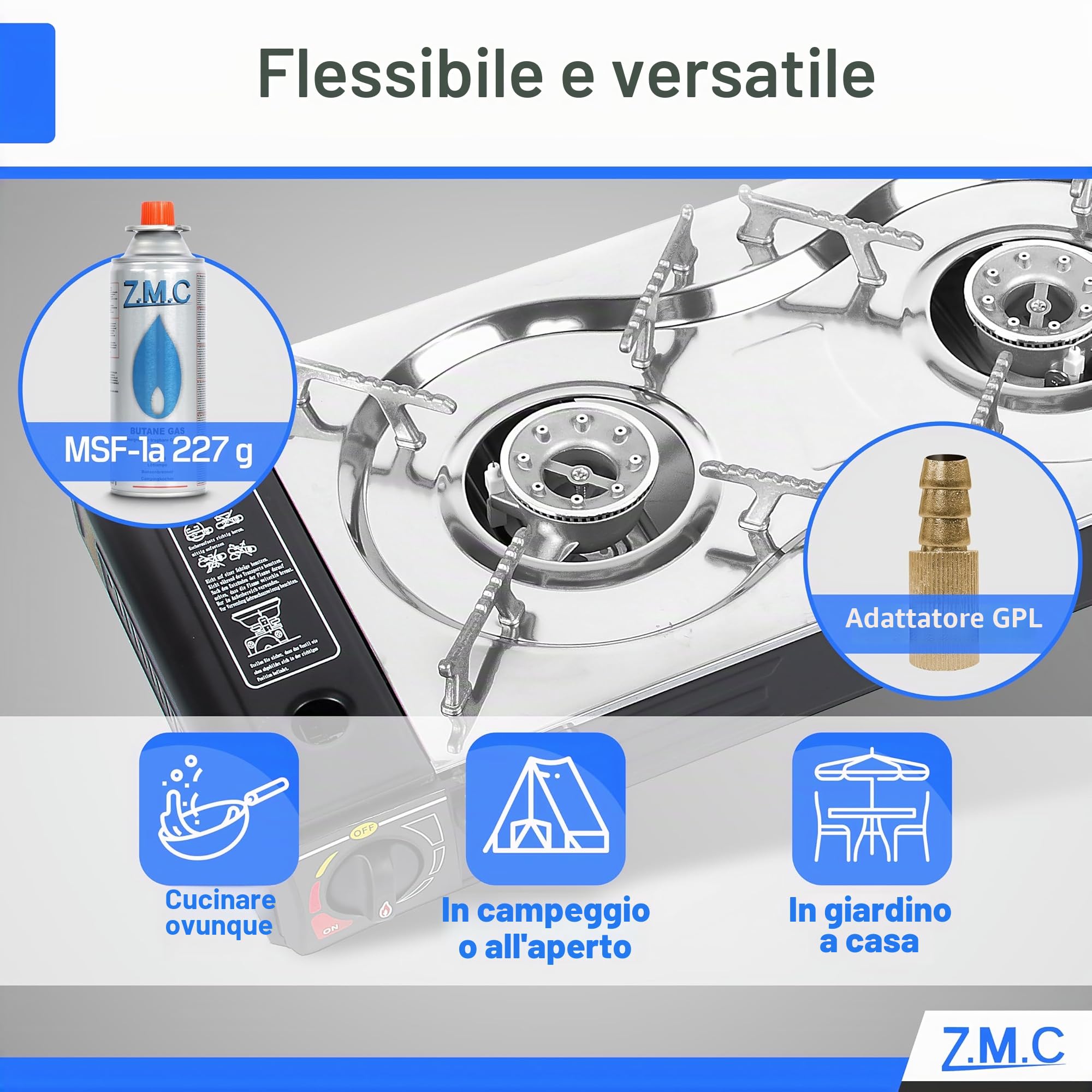 ZMC Fornello a Gas da Campeggio con 2 Faretti, Adattatore GPL, Valigetta di Stoccaggio e Ferro - Compatibile con Cartucce da 227 g