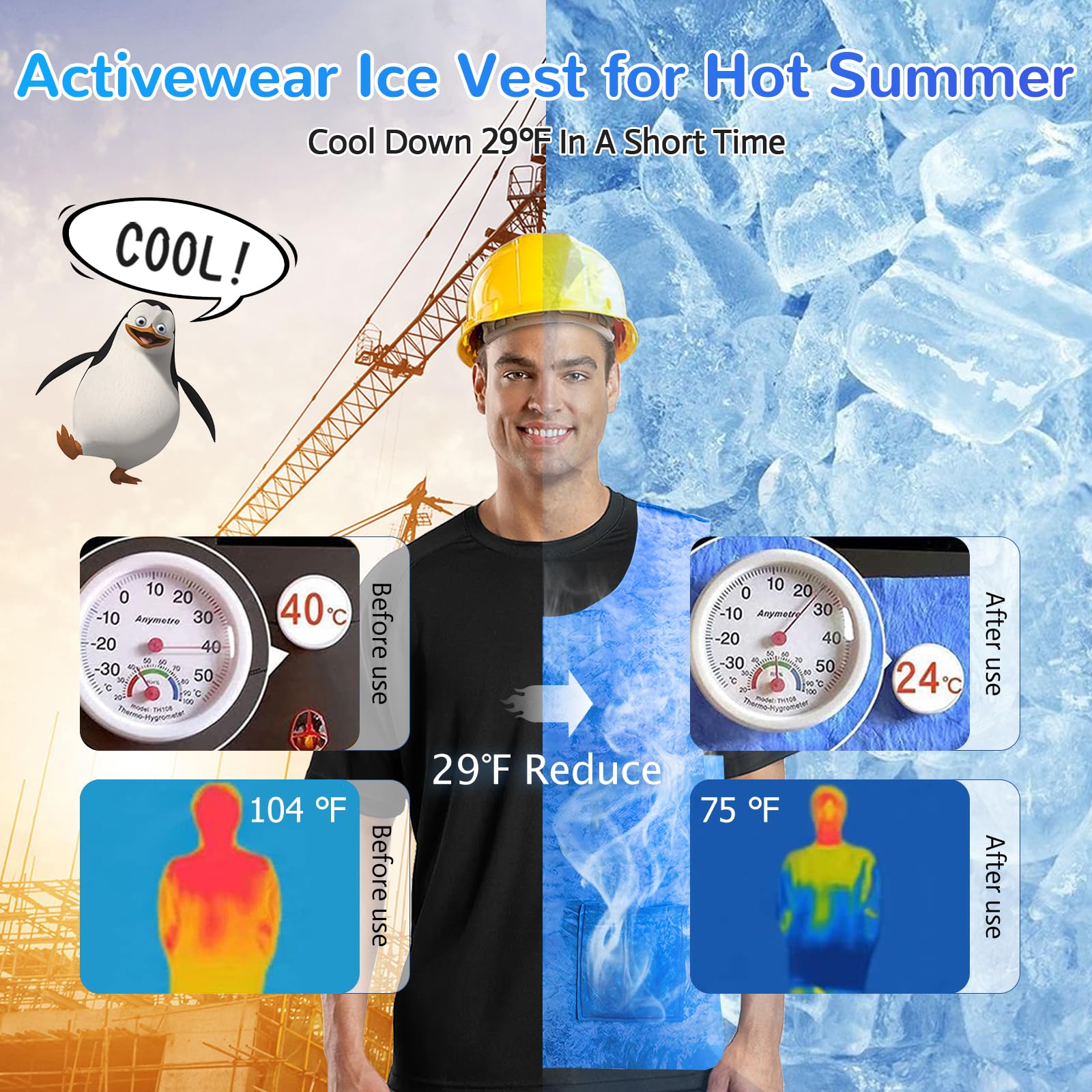 Kühlweste Damen Herren, PVA Eisweste mit Verdunstungskühlung – Verstellbare Kaltweste für Sommer, Outdoor, Baustelle, Garten & Sport – Sofort Aktivierung durch Wasser, Unisex