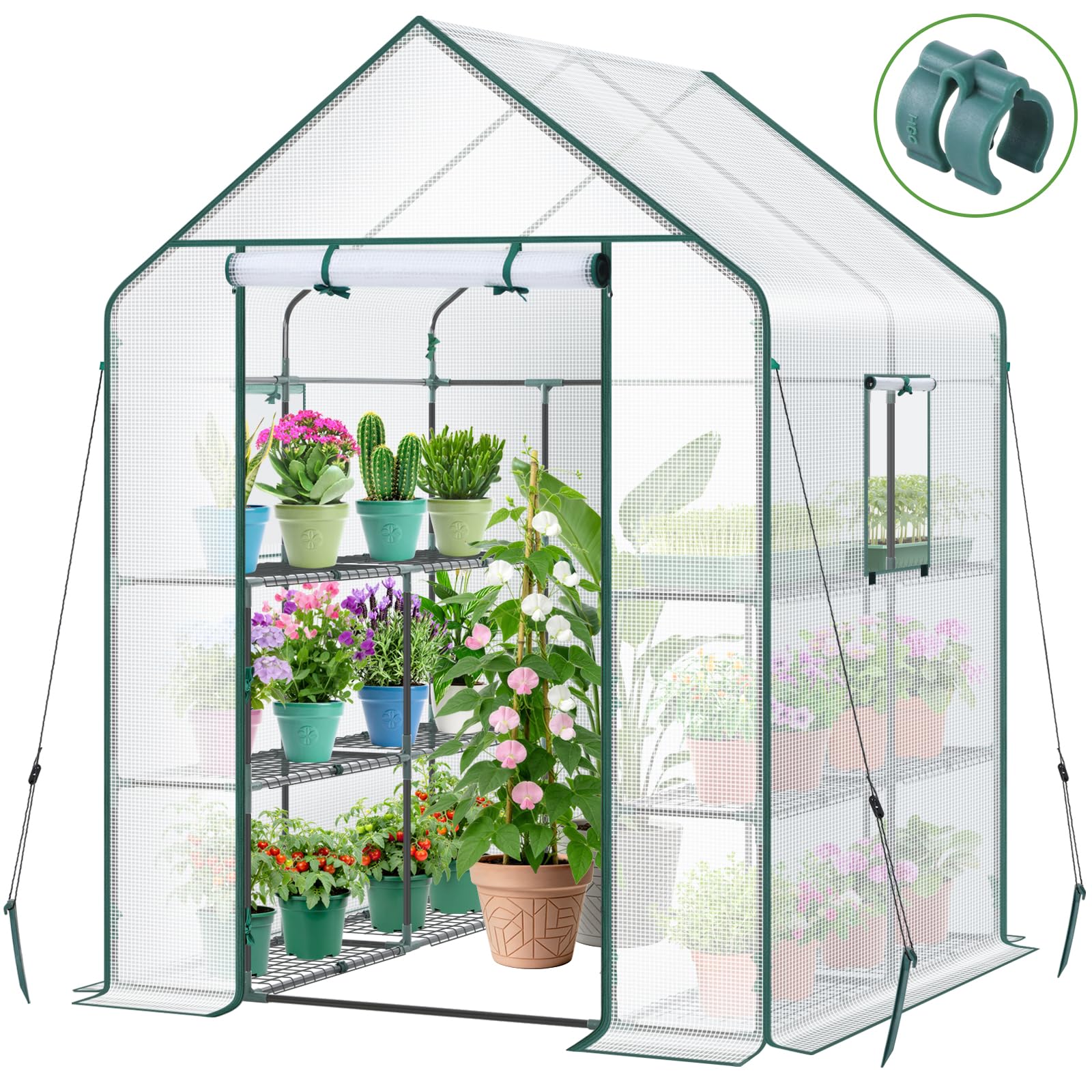 Ohuhu Greenhouse for Outdoors: 3 Tiers 12 Shelves Walk-in Indoor Green House Heavy Duty Plant Stands Reinforced Plastic PE Cover Mini Portable Warm House for Outside, 4.8x2.5x6.4 FT