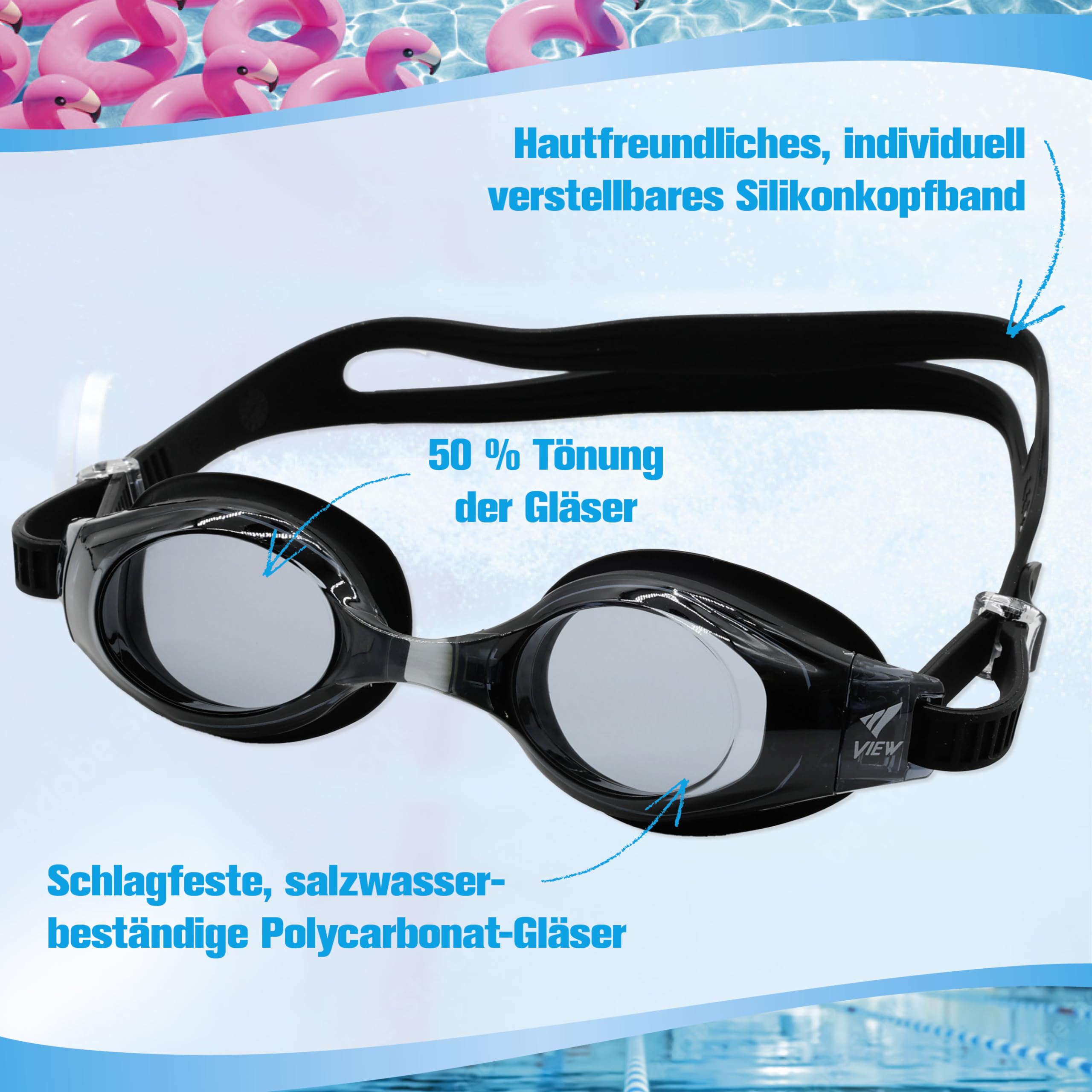 B&S Schwimmbrille für Kinder & Erwachsene, UV | Anti-Beschlag-Gläser aus schlagfestem Polycarbonat mit UV-Schutz, salzwasserbeständig, antiallergisch, verstellbarer Steg