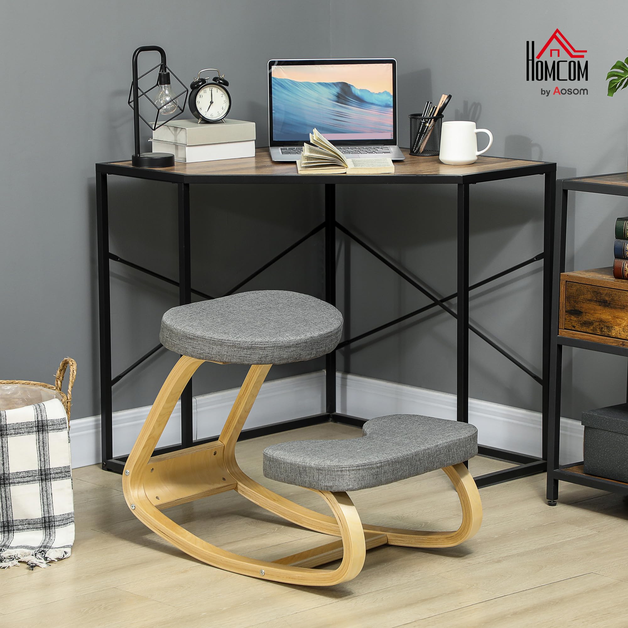 HOMCOM Siège Assis Genoux, siège Ergonomique en Bois à Bascule, Chaise à Genoux pour Bureau à Domicile, améliorer la Posture, maux de Dos, Gris