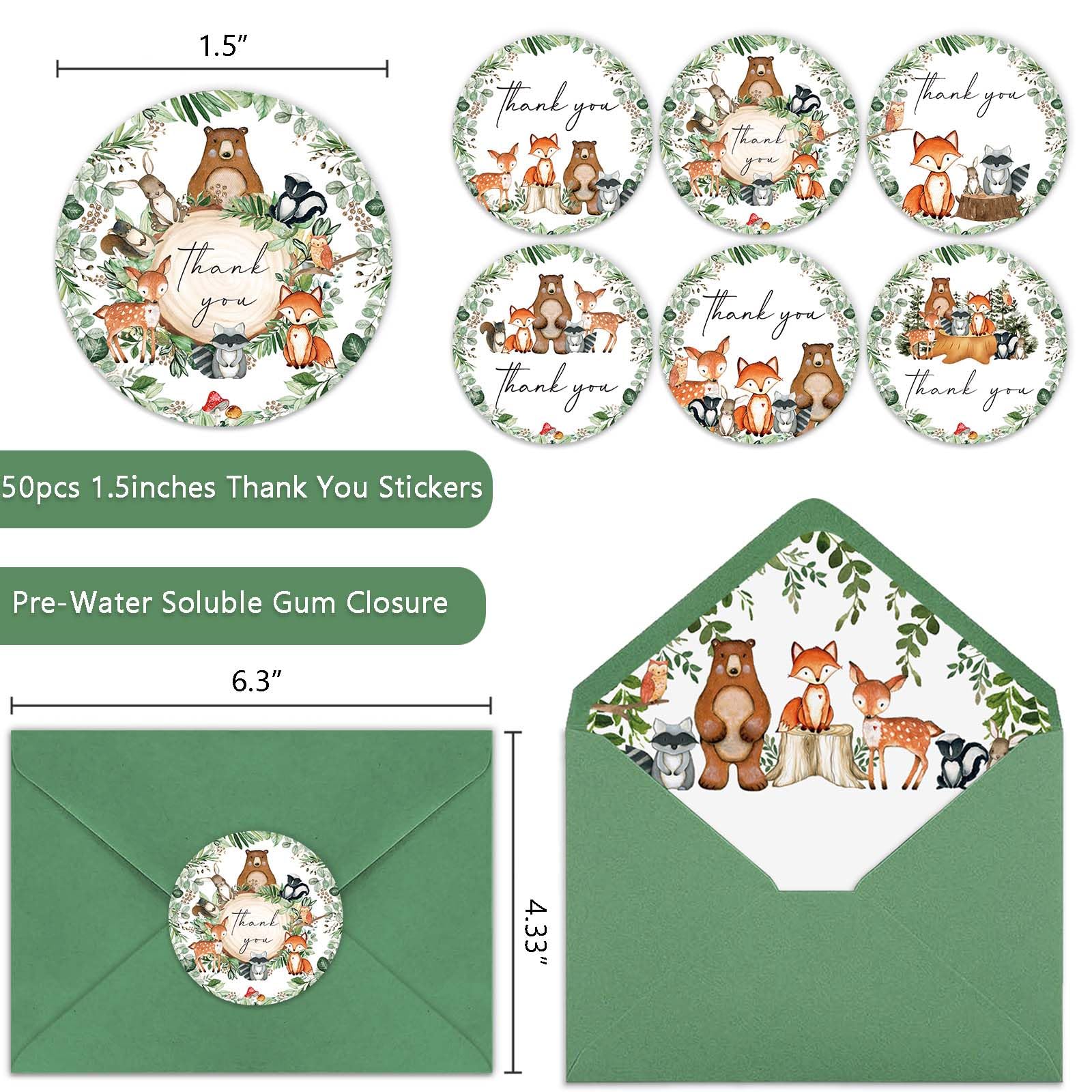 Woodland Dankeskarten, Waldtiere, Dankeskarten, 10,2 x 15,2 cm, mit passenden Umschlägen und Aufklebern, grüne Notizkarten, Wald-Baby-Party, Geburtstag, Dankeskarten (50 Stück)