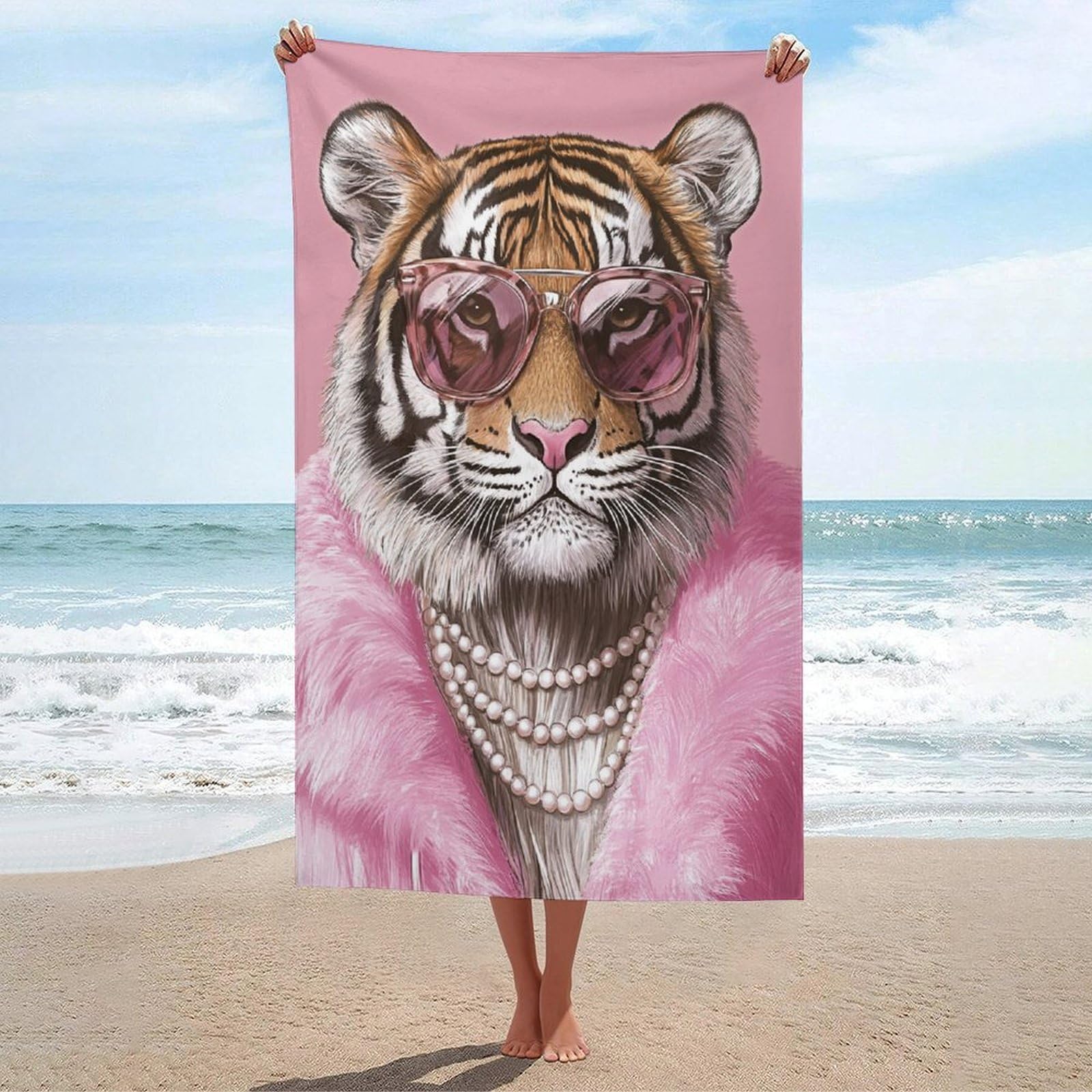 LSRCPD Tiger Wearing Sunglasses And Pearl Necklaces Beach Towel Sand Free Microfiber Large Shower Towels Multipurpose Absorbent for Bathroom Pool 130x80 CM